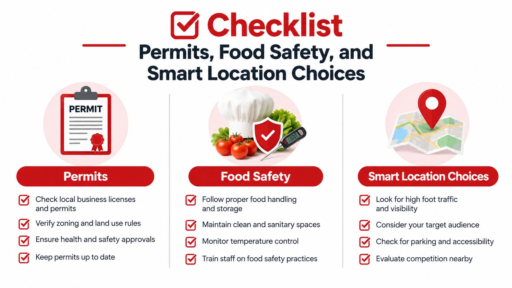 A checklist infographic detailing essential requirements for starting a food business including permits, safety, and location planning.