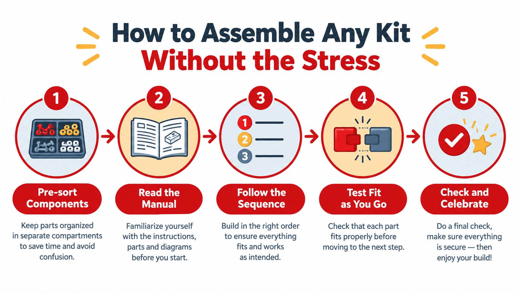 An infographic showing a five-step process for assembling any DIY kit without stress, including sorting and checking.