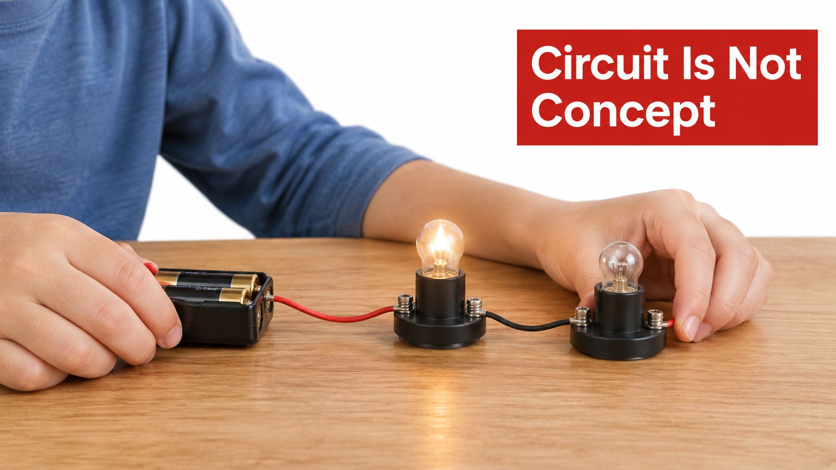 A child learning about electrical circuits by testing light bulbs connected to a battery pack.