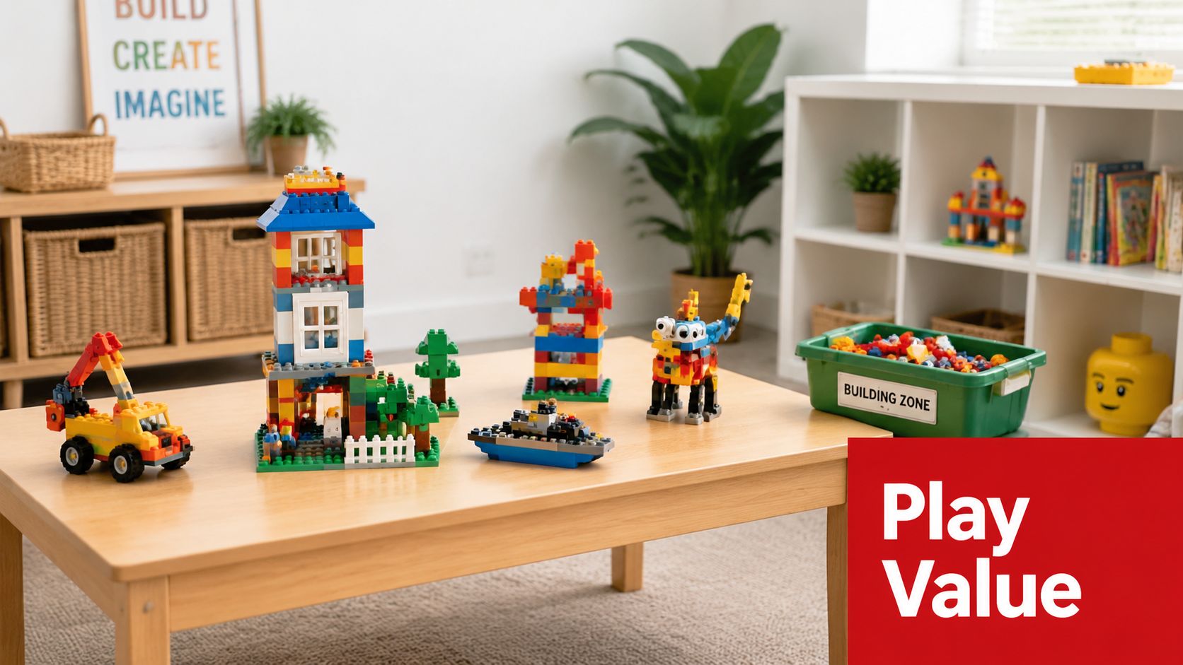 A wooden table featuring a variety of colorful brick-built structures, toy vehicles, and a storage bin.