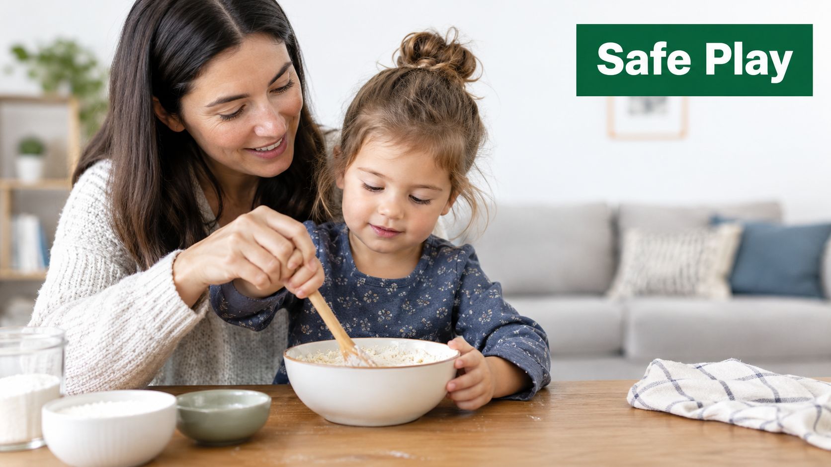 A mother helping her young daughter stir ingredients together in a bowl while baking at home.