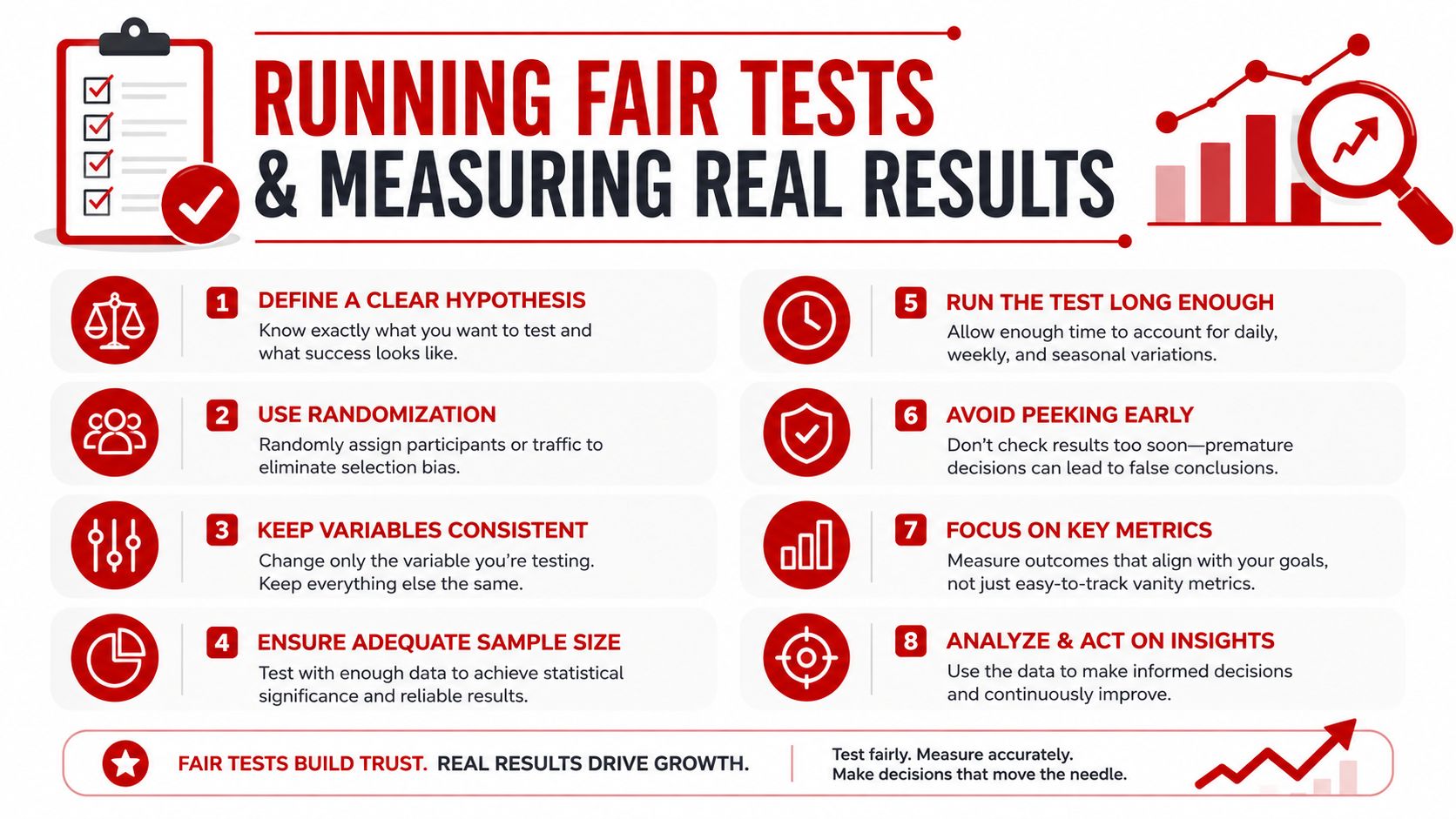 An infographic detailing eight essential steps for running fair scientific tests and measuring business results accurately.