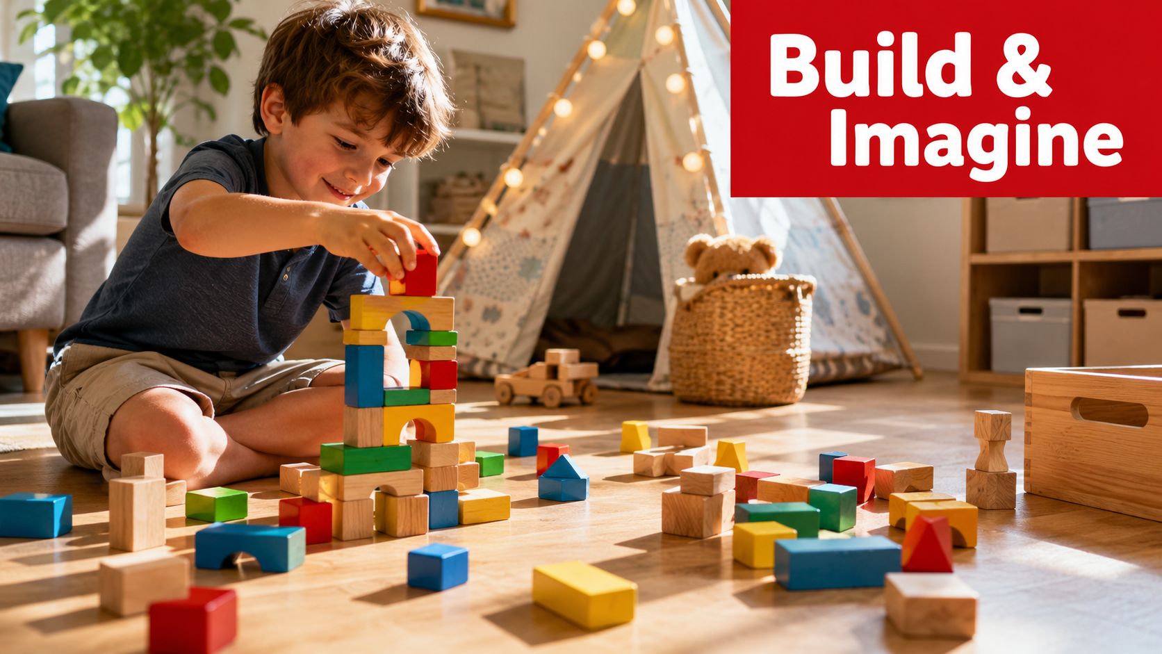 A young boy happily building a tower with colorful wooden blocks on a sunny playroom floor.