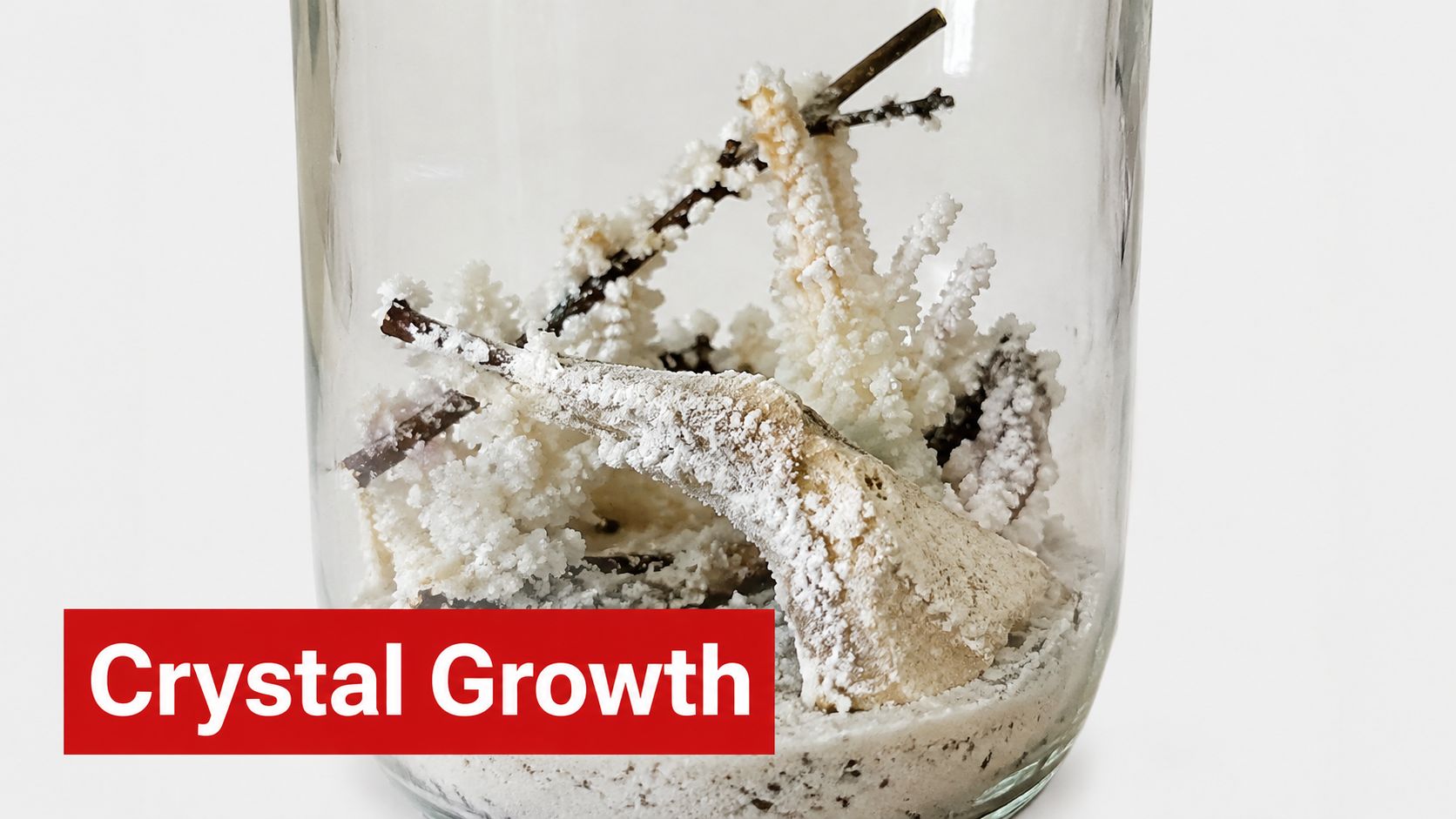 A close-up view of white salt crystals growing on small twigs and a shell inside glass.