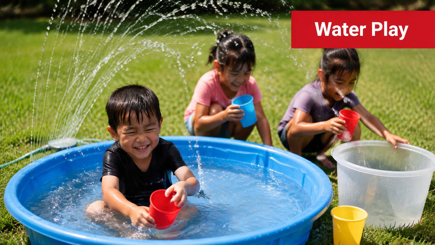 Three happy children playing with water buckets in a small blue plastic pool on a sunny day.
