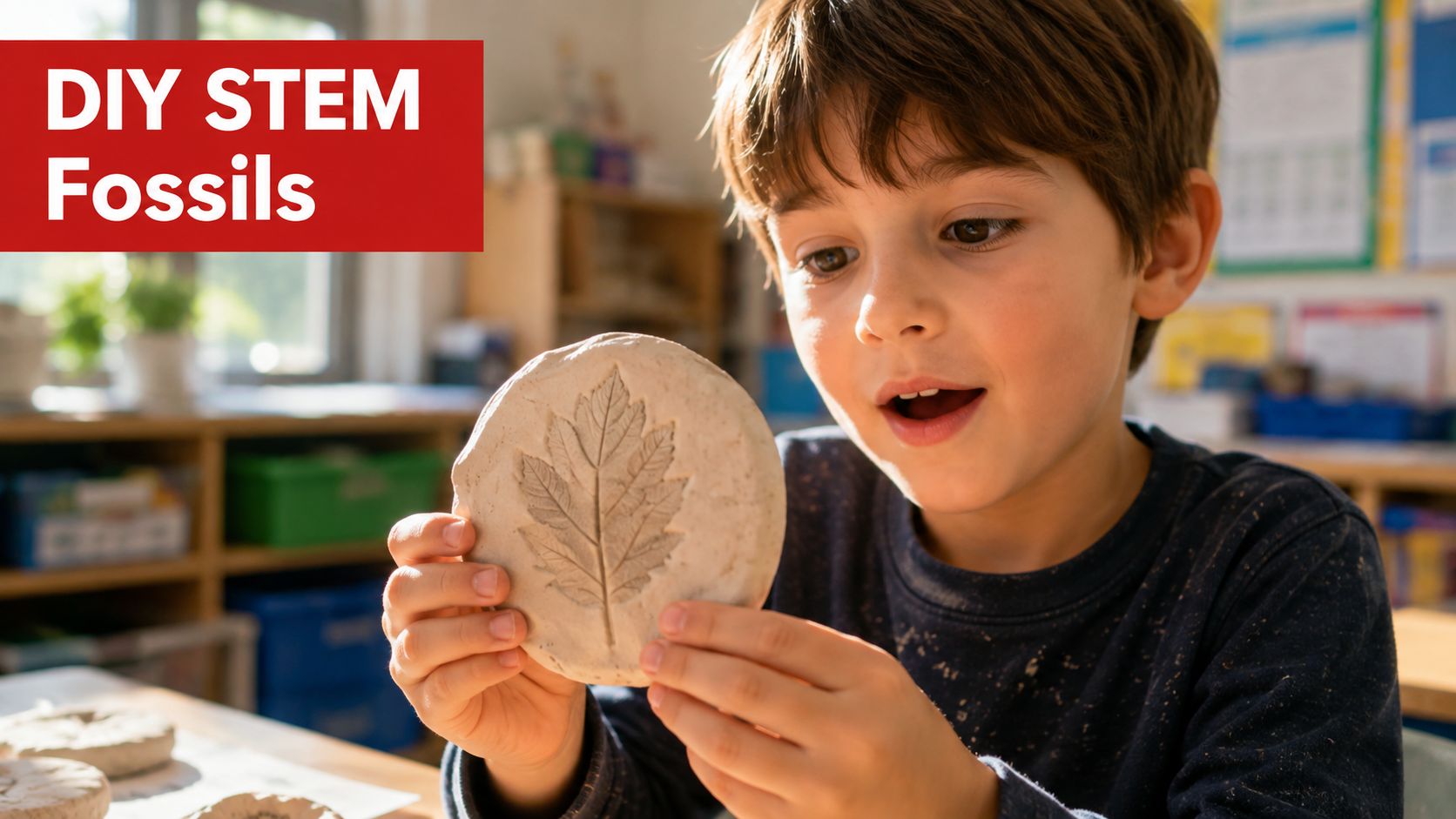 A young boy looking amazed at a leaf imprint on a DIY salt dough fossil in class.