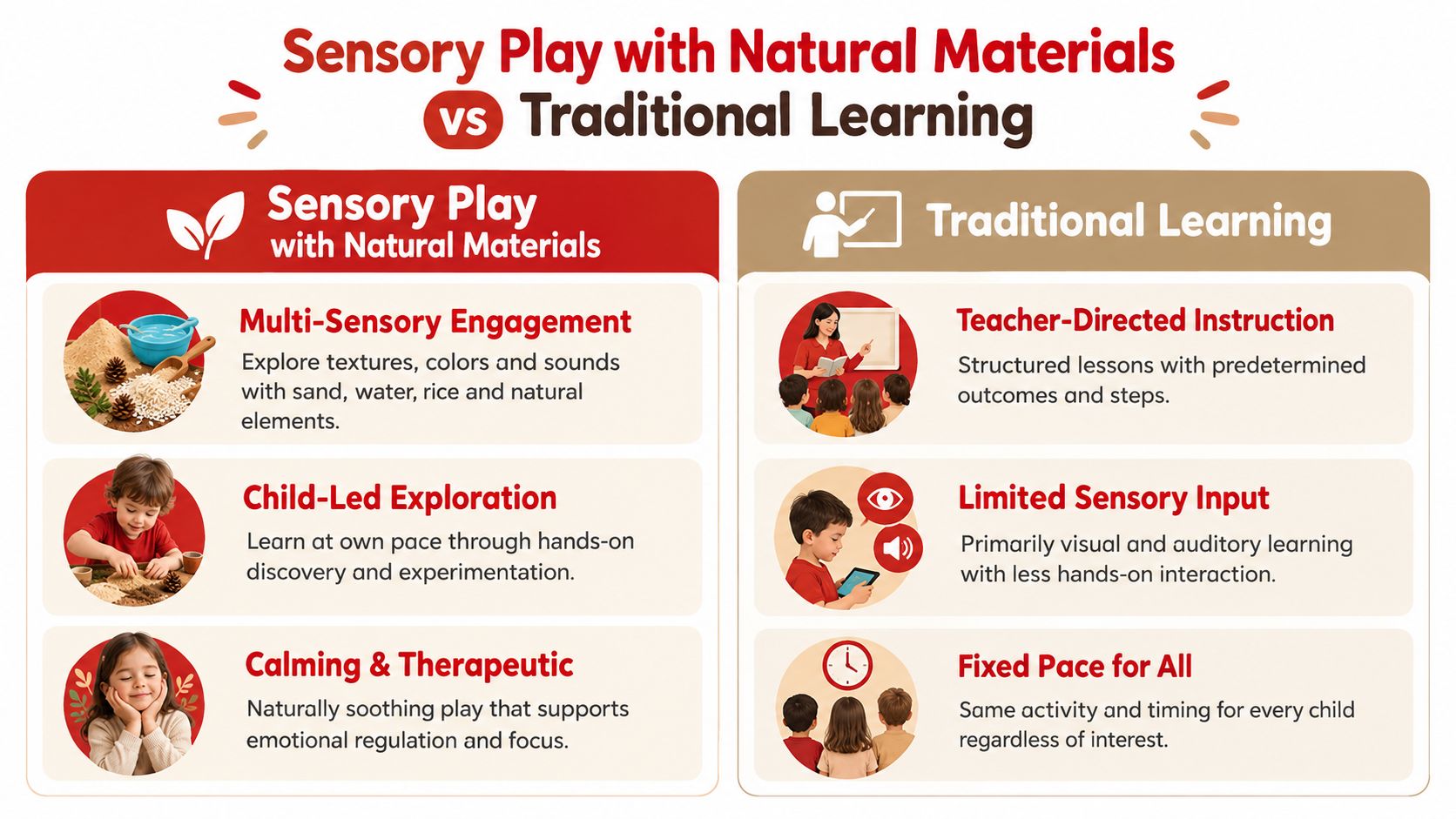 A comparison chart showing benefits of sensory play with natural materials versus traditional teacher-directed learning approaches.