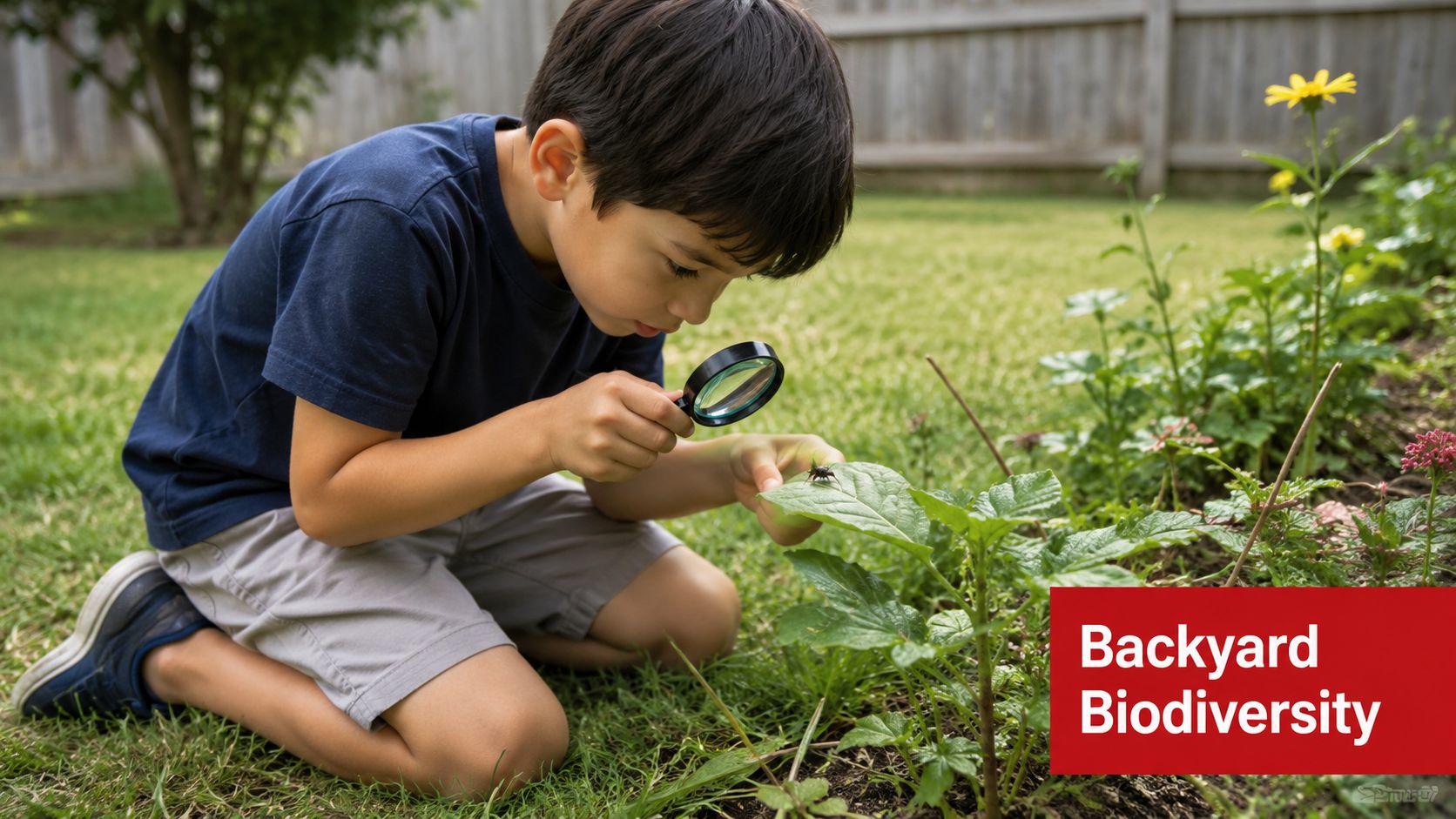 A young boy kneels in the grass using a magnifying glass to inspect a small insect