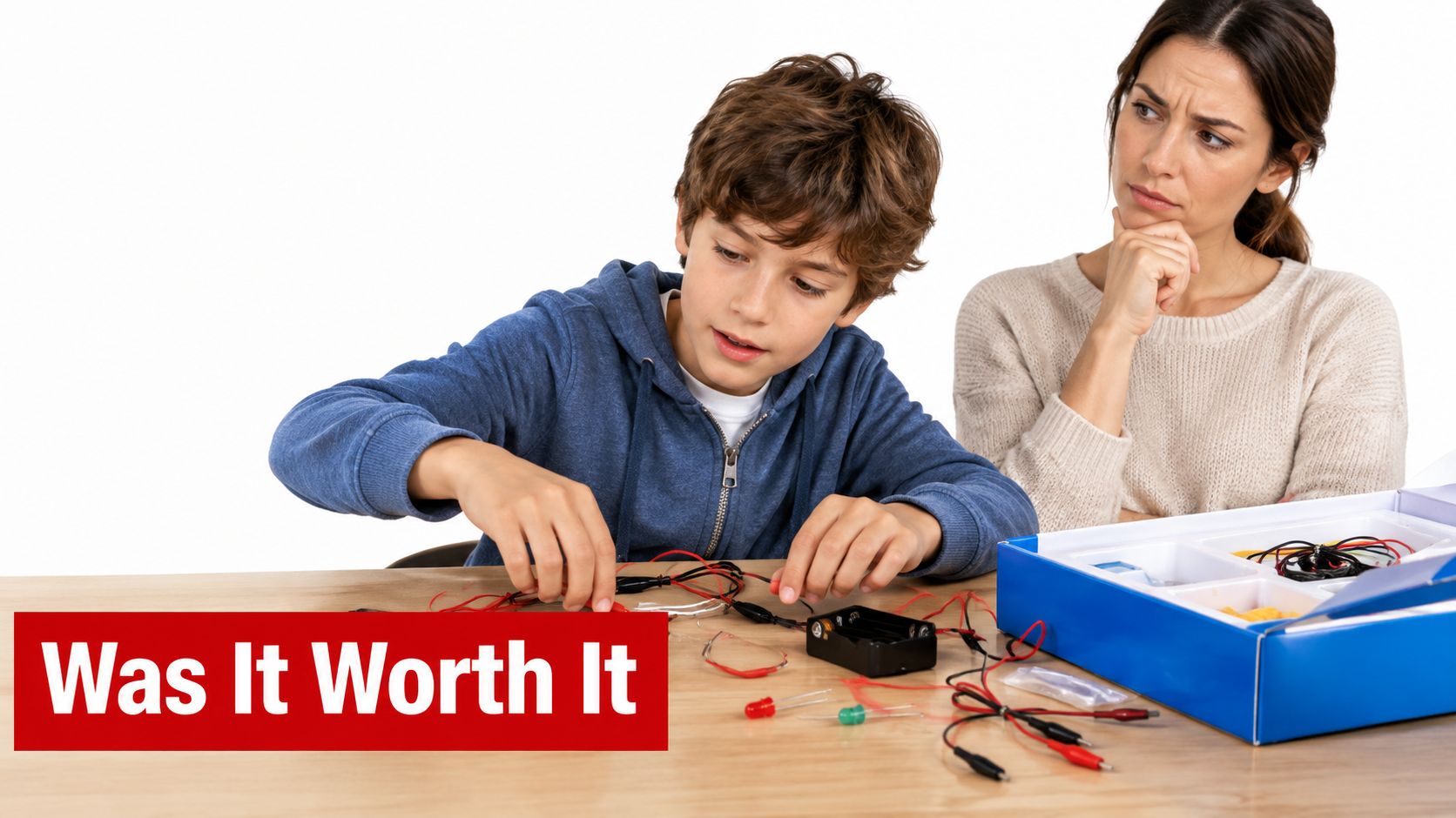 A young boy engaged in an educational science project with electricity while his mother watches thoughtfully.