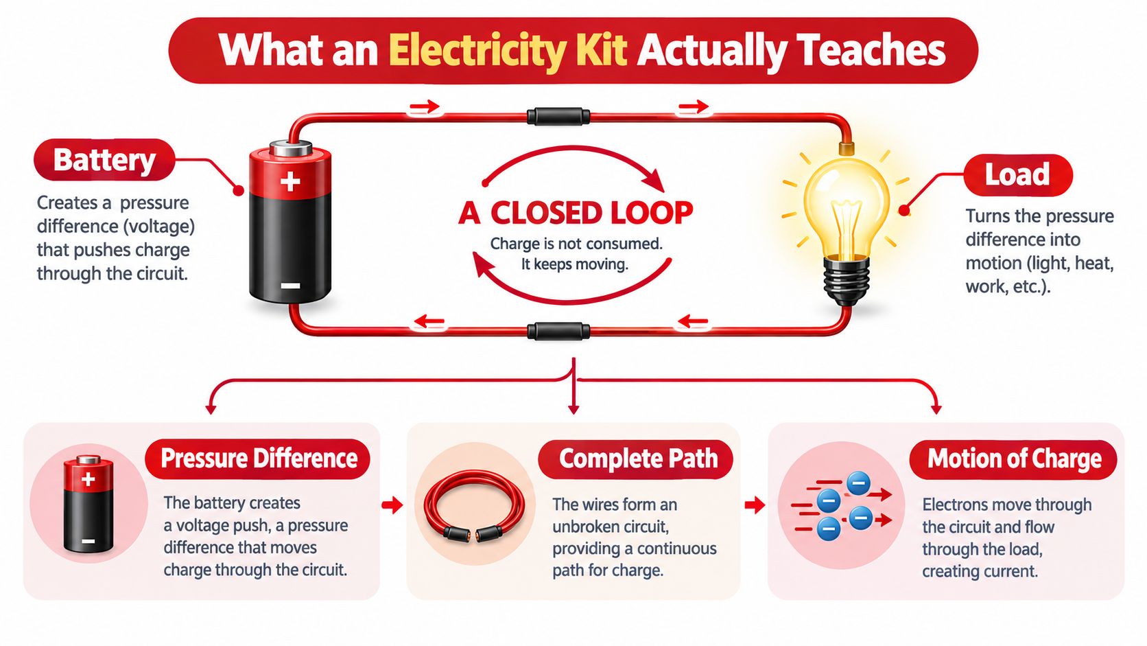 An educational diagram explaining how electricity kits function through battery power, closed circuits, and electron motion.