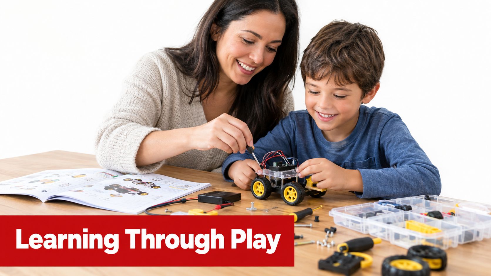 A smiling woman and a young boy assemble a small robotic car together on a wooden table.