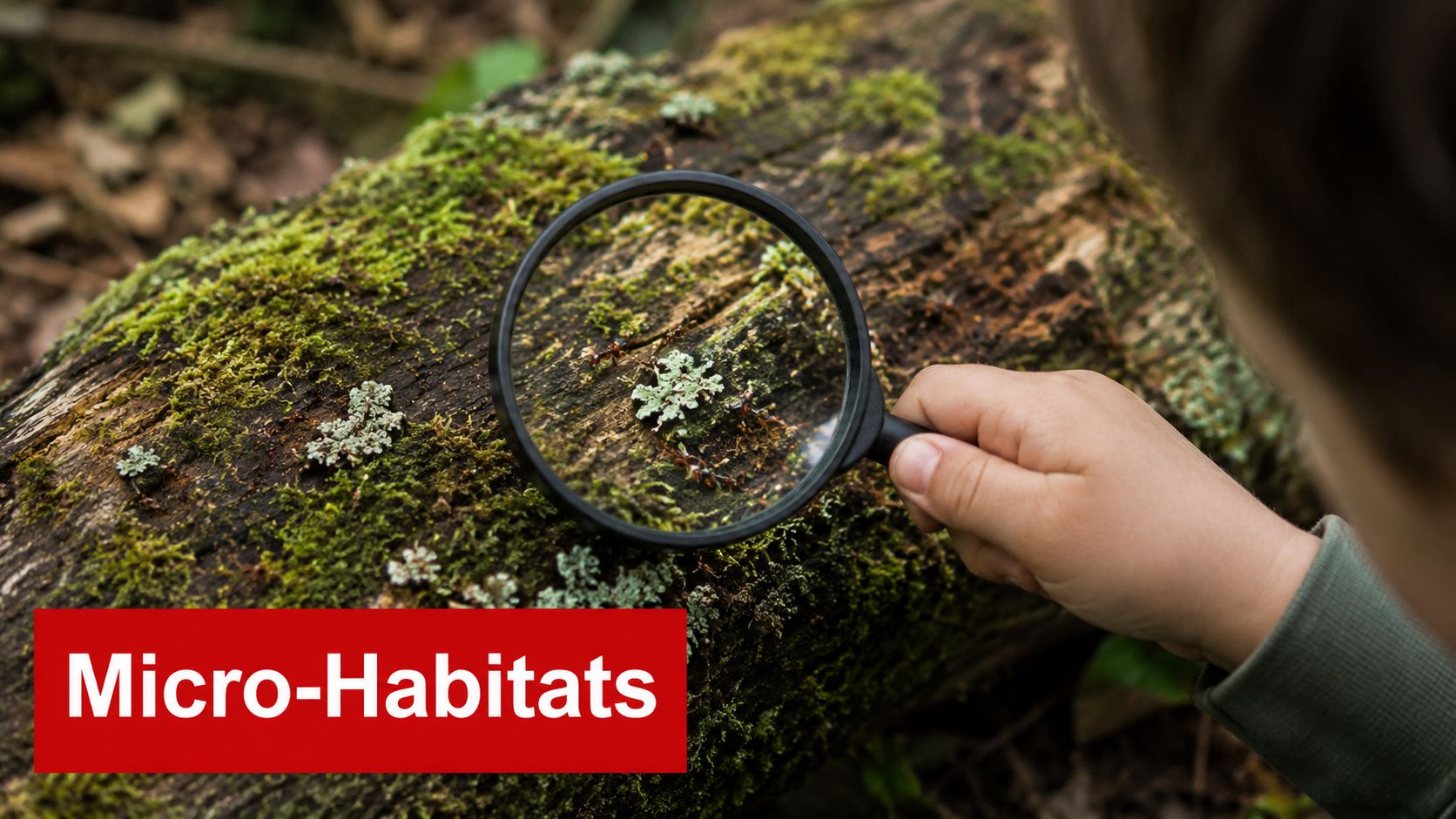 A close-up view of a child using a magnifying glass to explore mossy bark on a log.