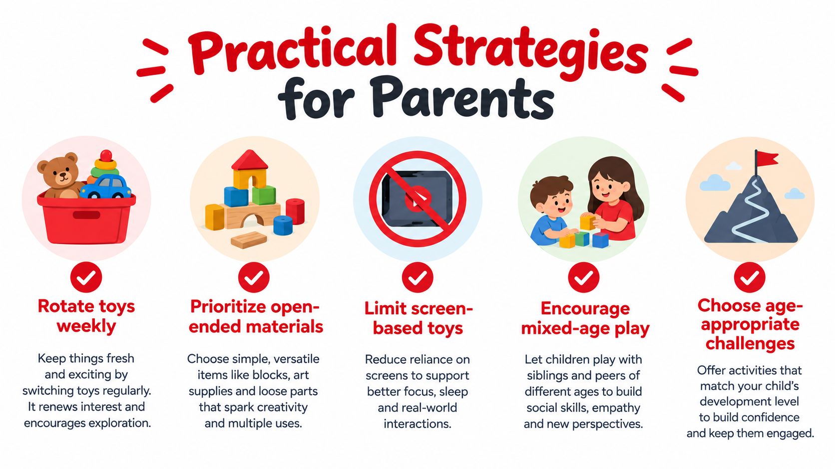 An infographic titled Practical Strategies for Parents showing five tips for child development through play and toys.