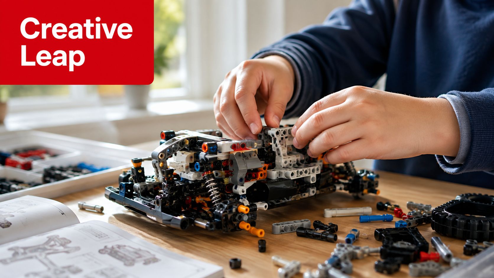 A close-up view of a child assembling a complex mechanical toy set on a wooden table.