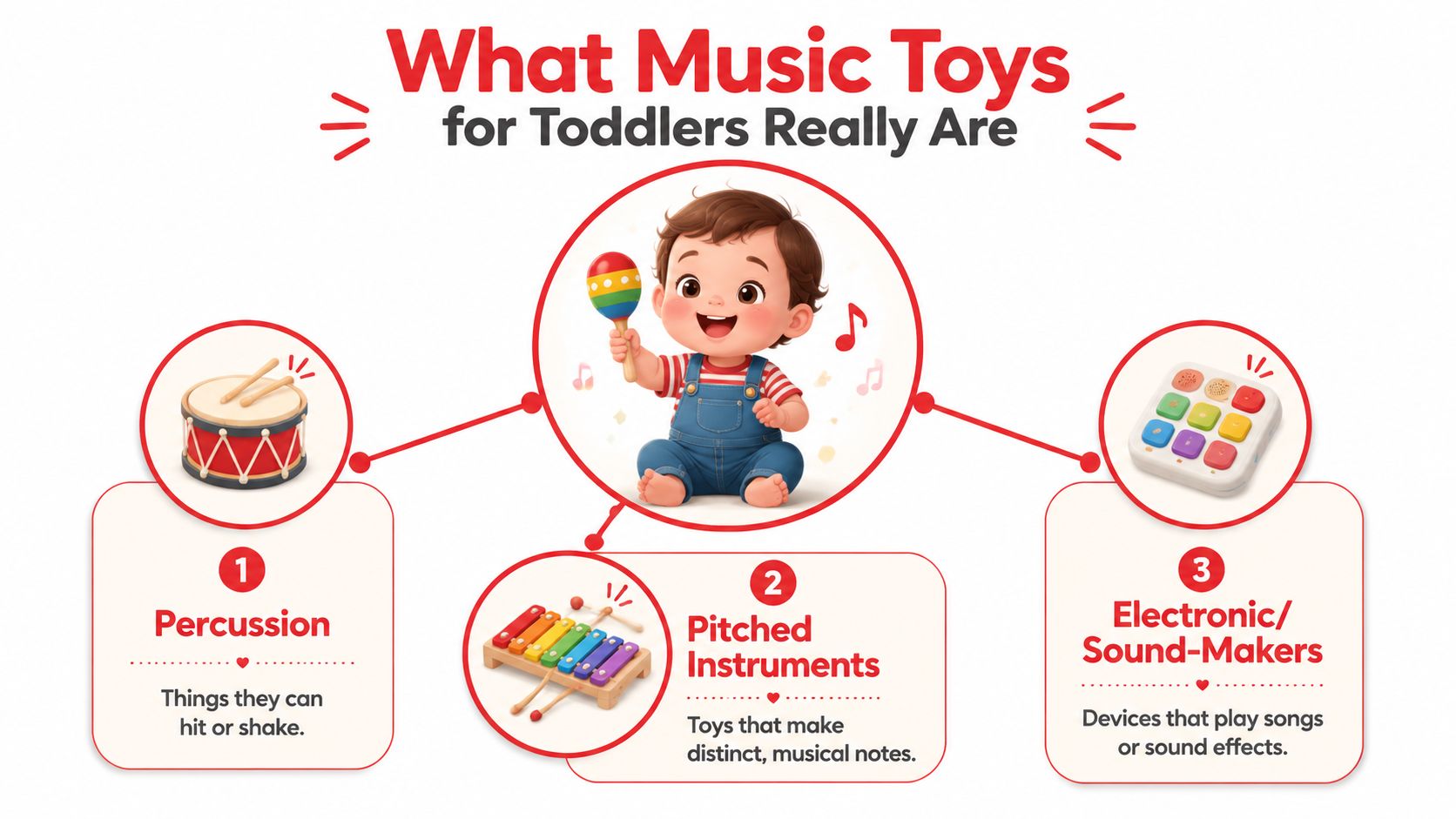 An infographic titled What Music Toys for Toddlers Really Are, categorizing instruments into percussion, pitched instruments, and electronics.