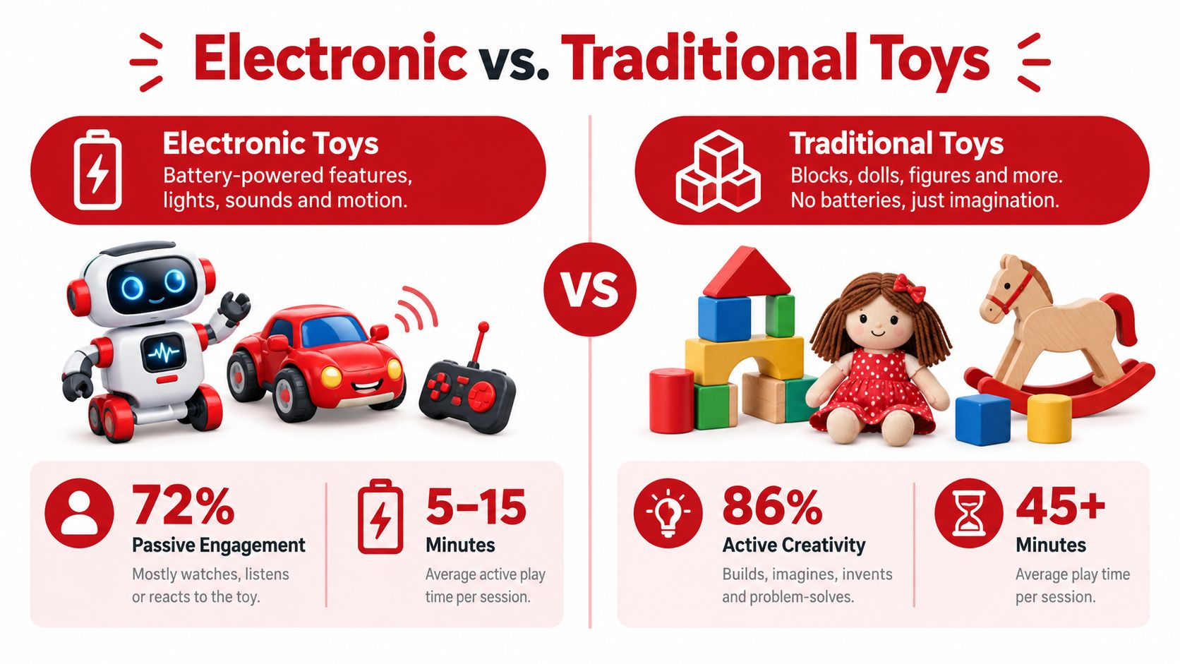 An infographic comparing electronic toys and traditional toys, highlighting differences in engagement, creativity, and average play time.