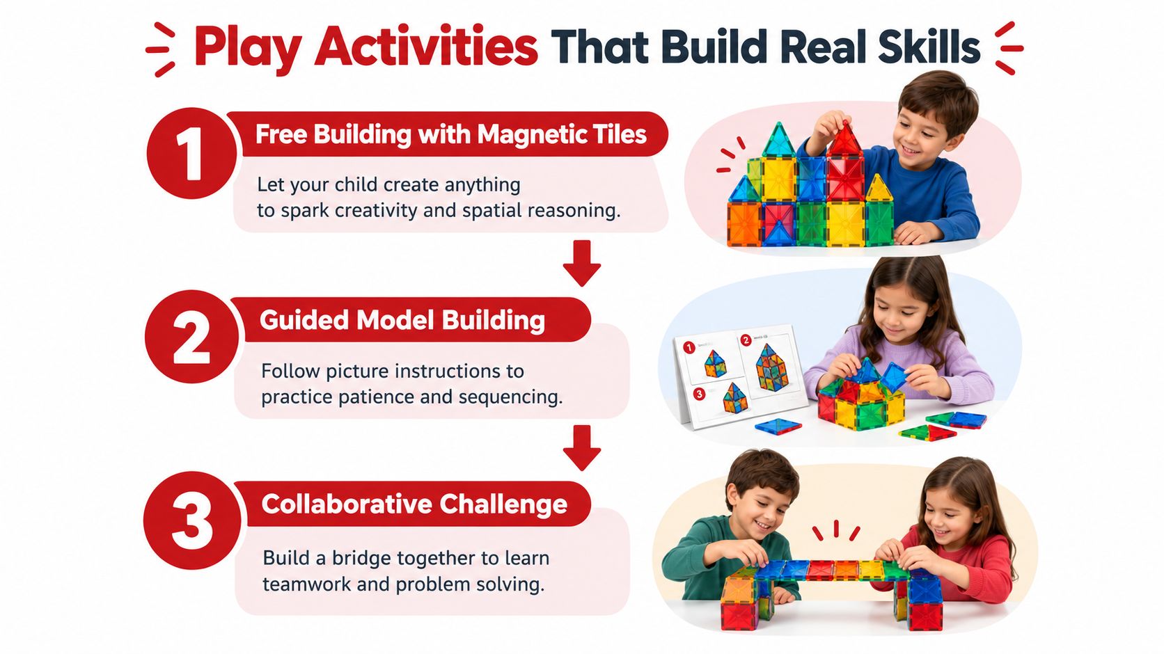 Three children playing with magnetic building tiles to learn creativity, patience, and teamwork skills.
