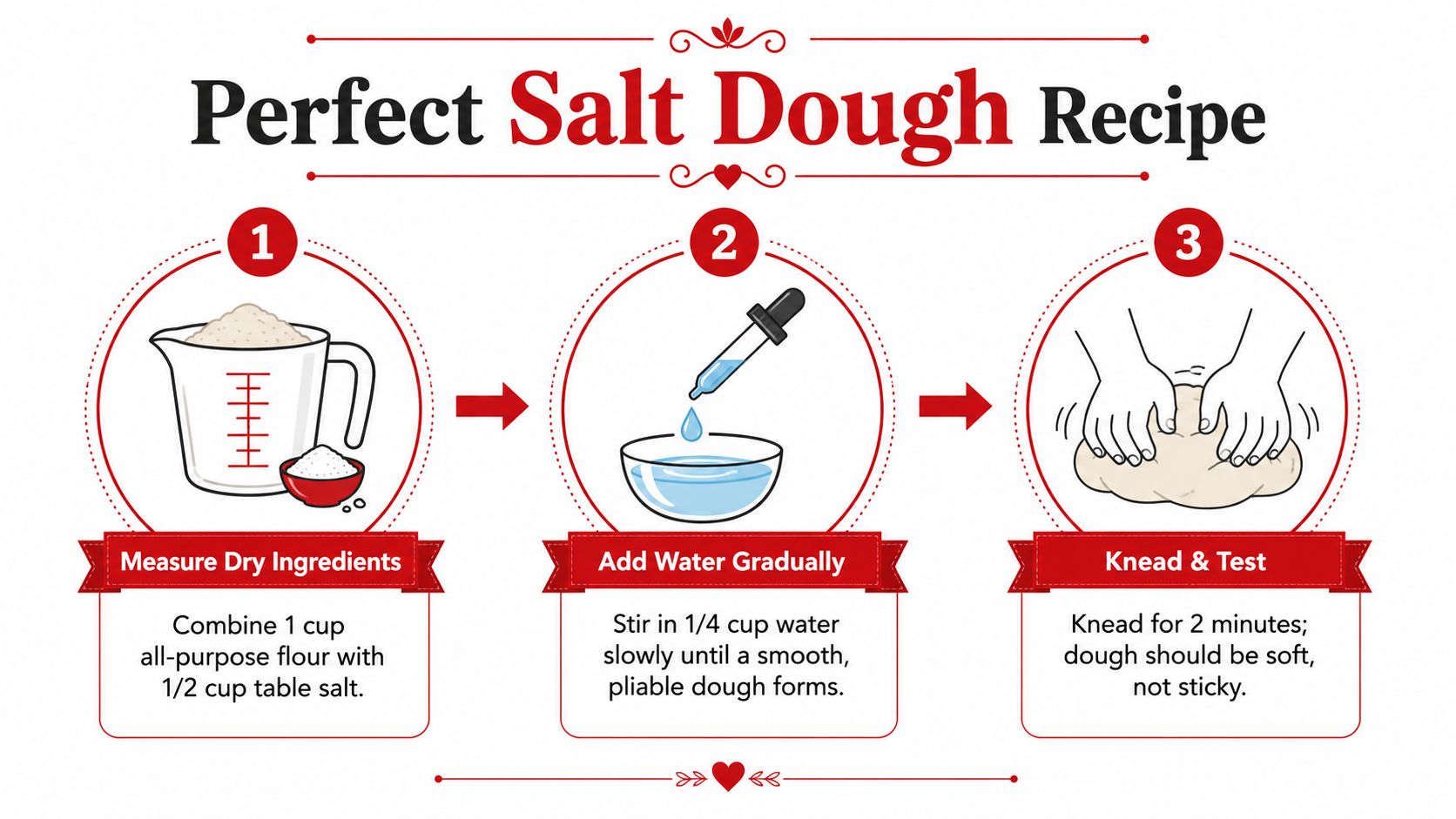 An infographic showing a three-step process for making simple salt dough using flour, salt, and water.