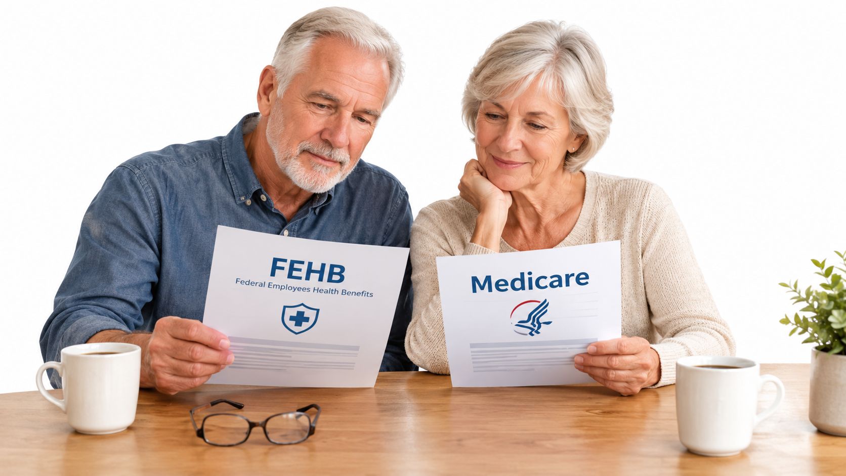 An elderly couple sitting at a wooden table reviewing FEHB and Medicare insurance policy documents together.