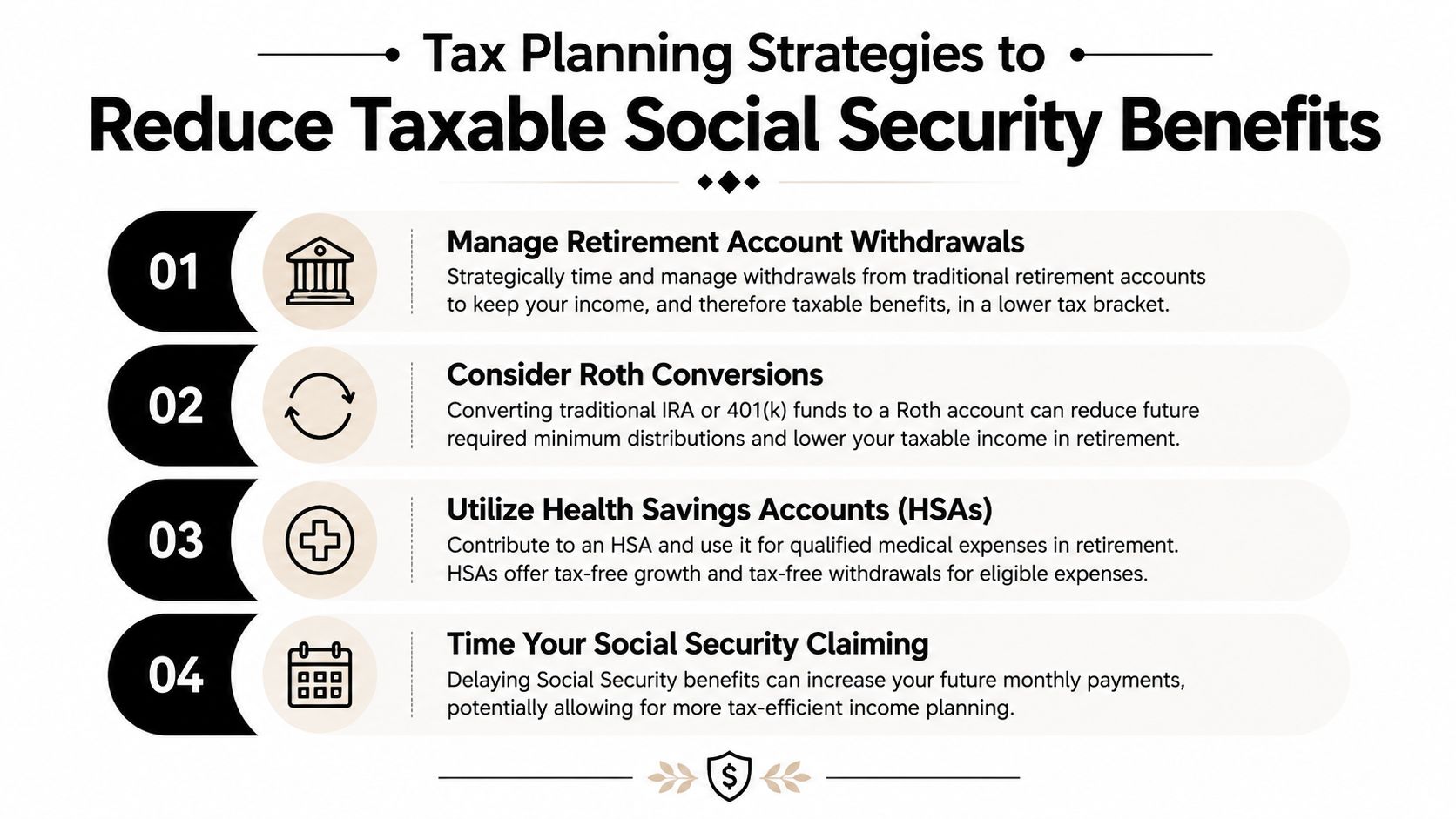 A professional infographic outlining four key tax planning strategies to reduce taxable Social Security benefits in retirement.