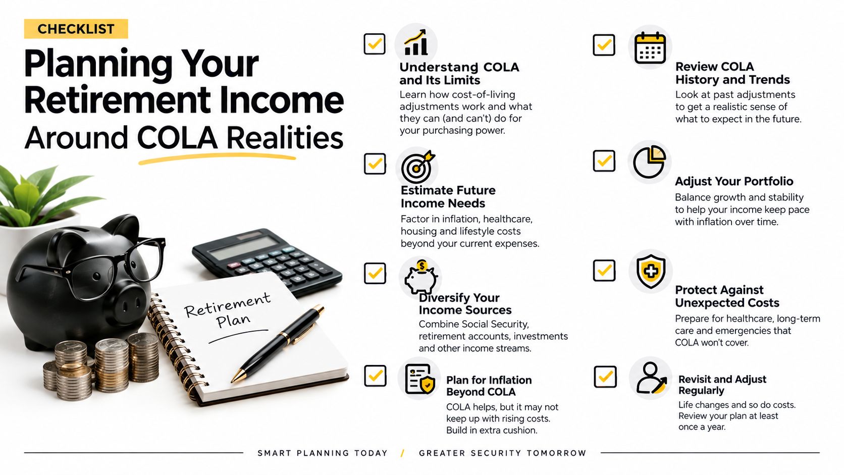 A retirement planning checklist focusing on understanding cost of living adjustments and financial security for retirees.