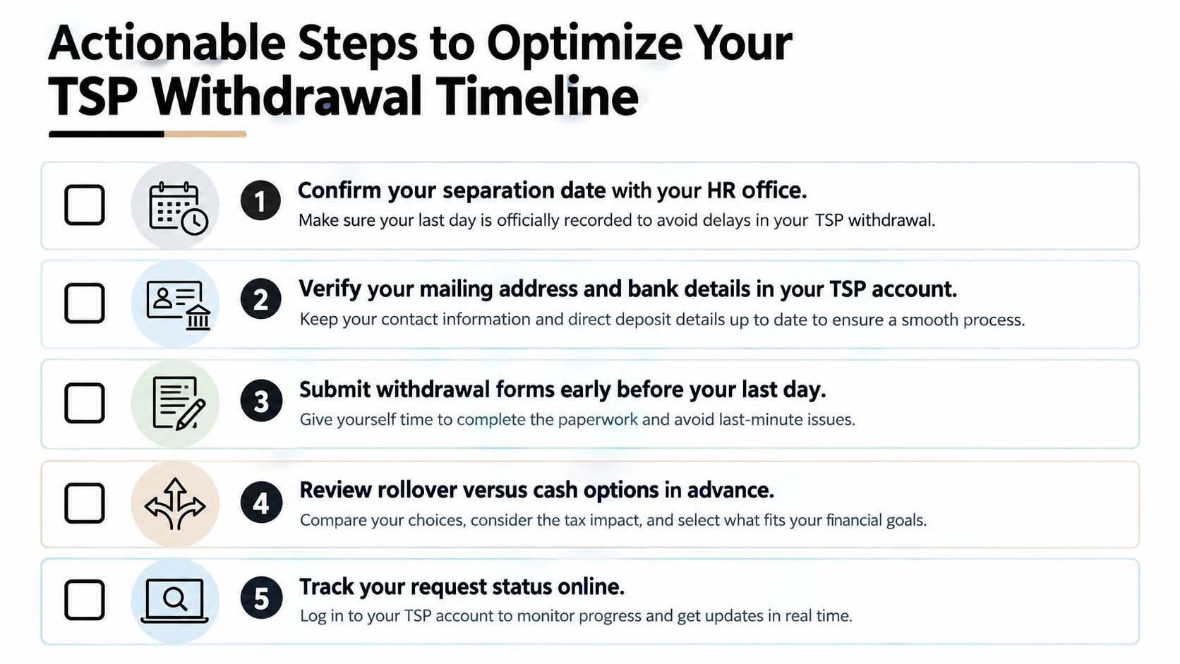 A checklist infographic detailing five actionable steps to help manage and optimize your TSP withdrawal timeline.