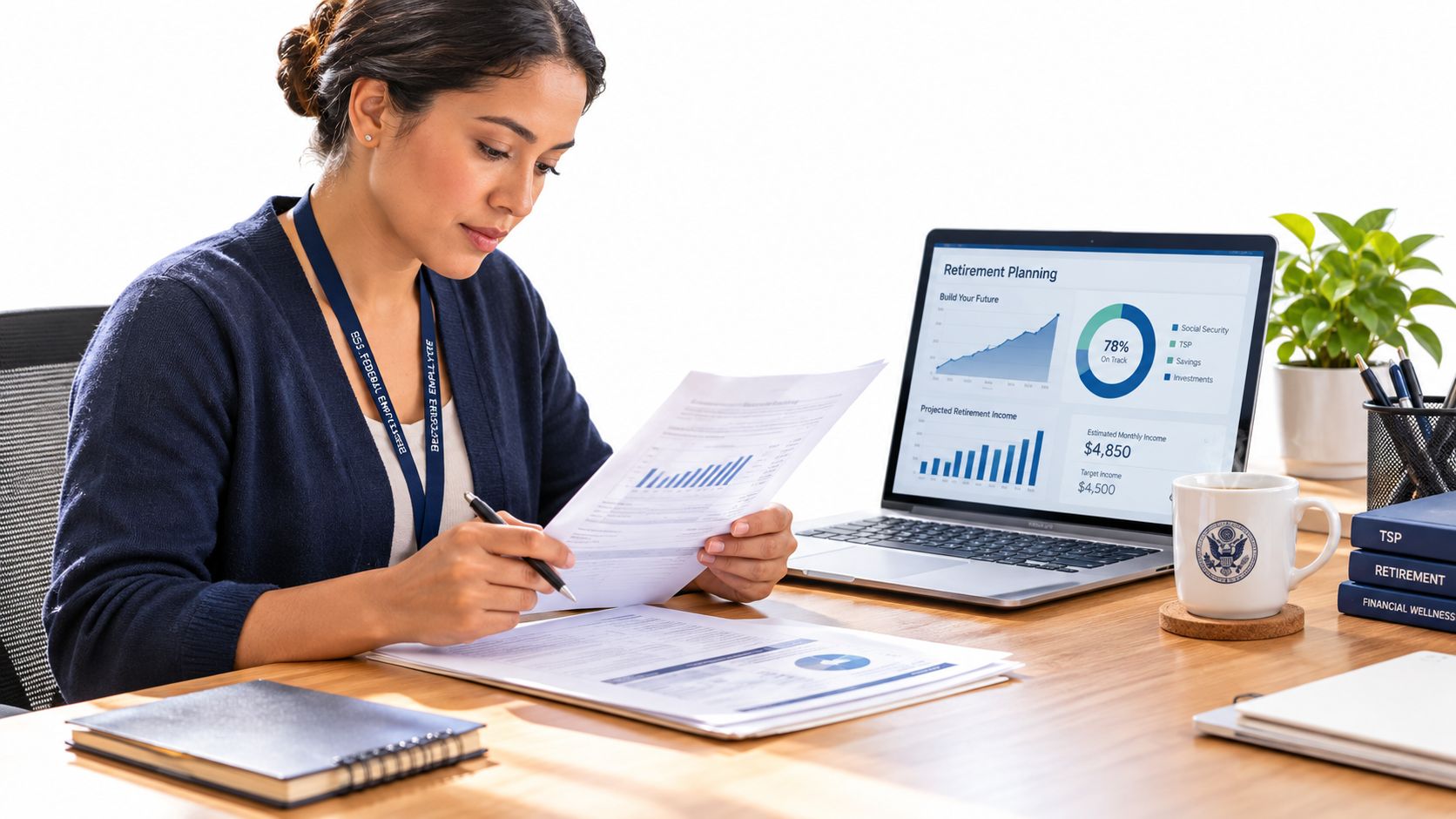A professional woman reviewing retirement planning documents on her laptop at a clean office desk workspace.