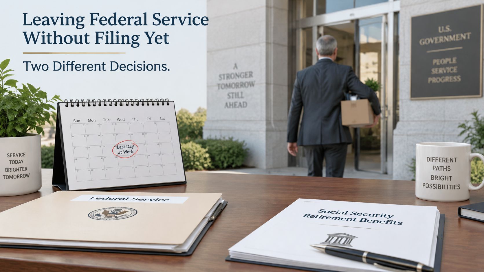 A professional desk featuring a calendar, federal service folder, and Social Security retirement benefits information with a background of an office.