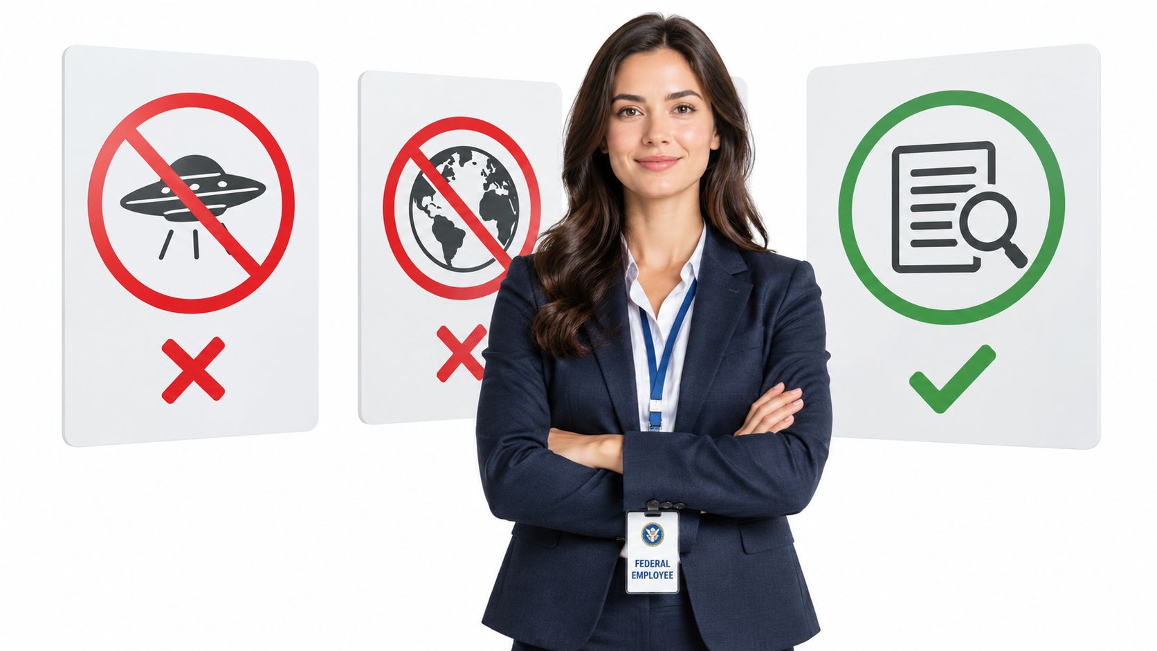 A professional woman in a suit stands before signs indicating rejection of ufos and earth, prioritizing document review.
