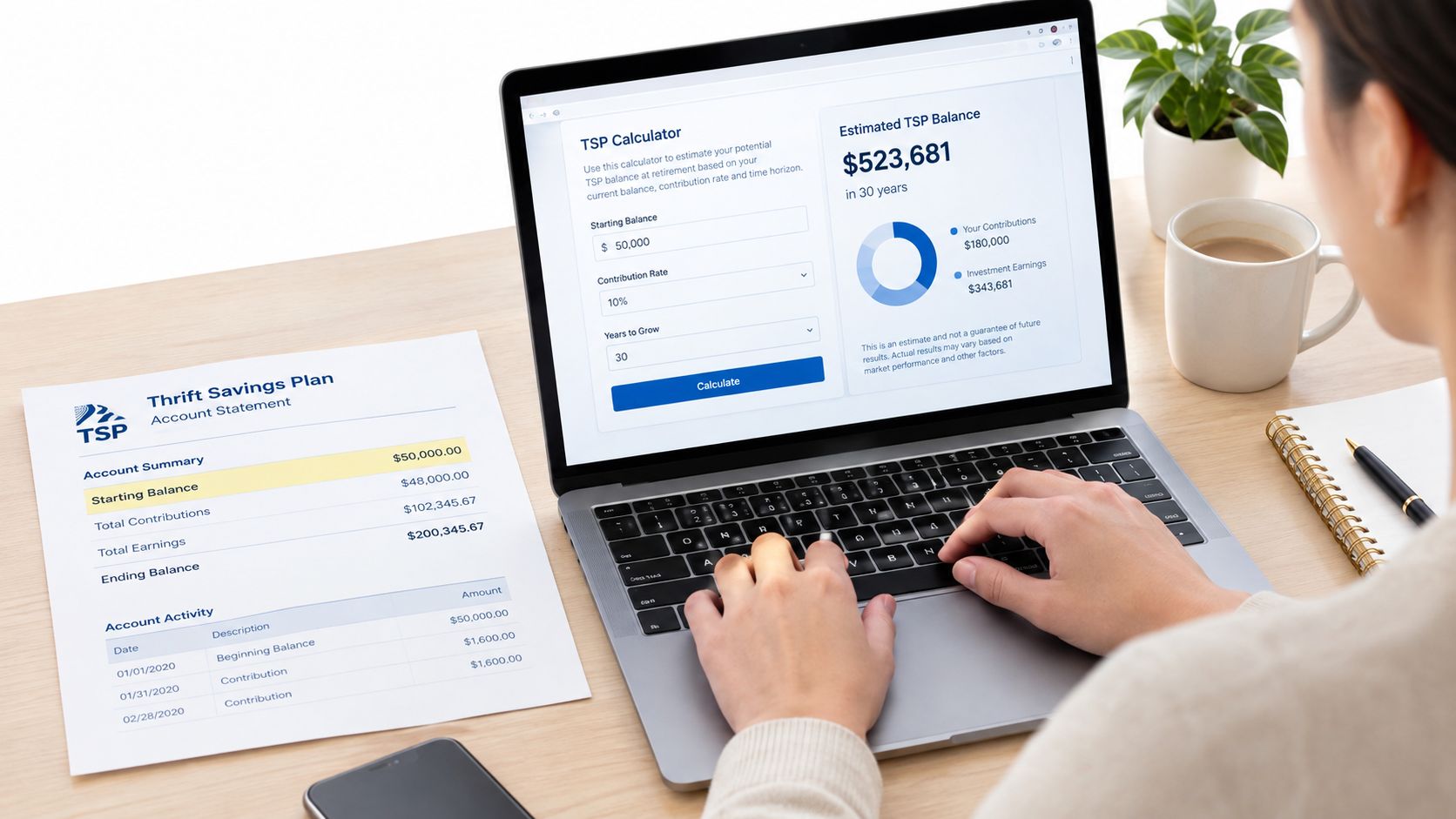 A person uses a laptop to calculate a retirement plan on a Thrift Savings Plan website.