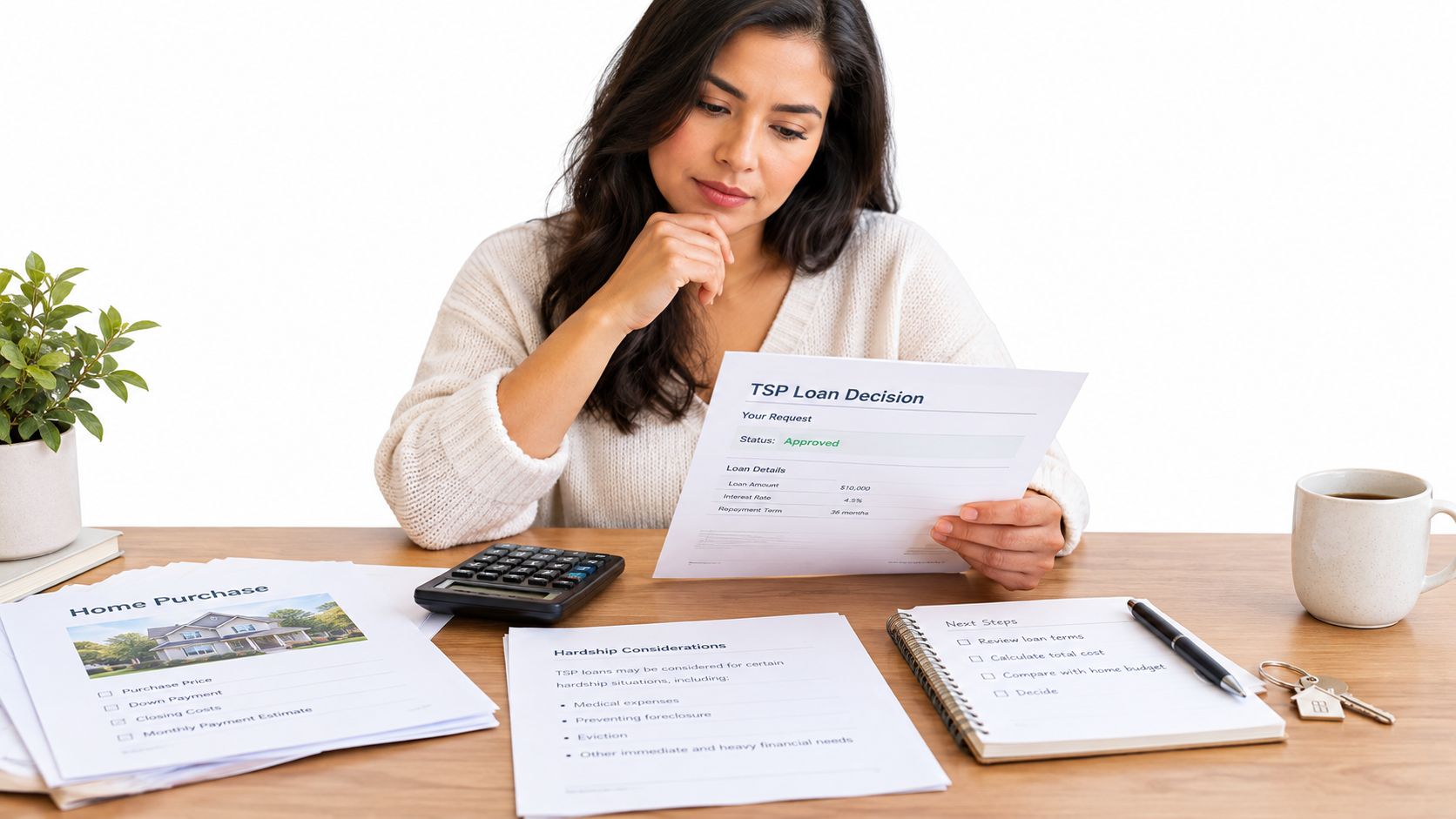 A woman reviewing a TSP loan decision document on a desk with financial planning materials.