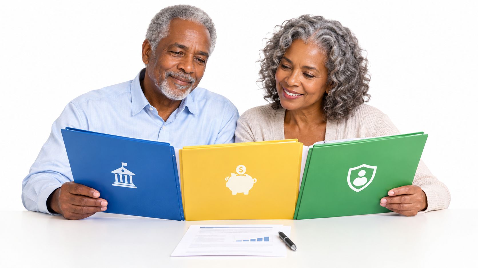 A smiling senior couple sitting together while reviewing financial documents, banking, savings, and insurance folders.
