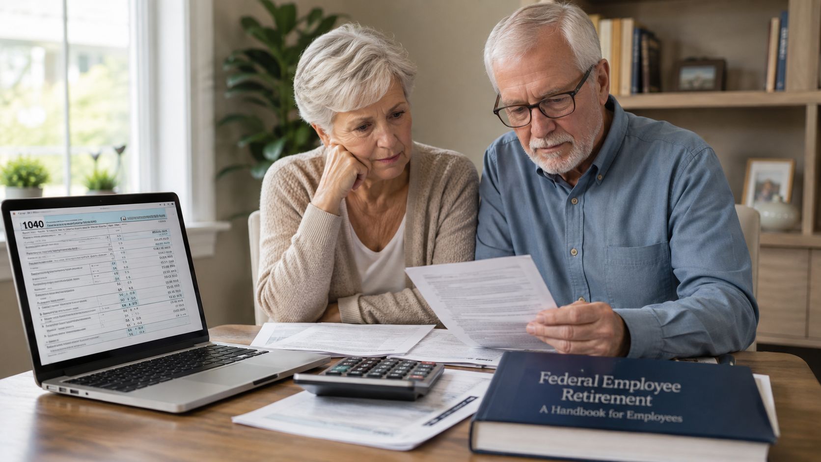 An elderly couple sits at a wooden table reviewing tax documents and retirement paperwork together.