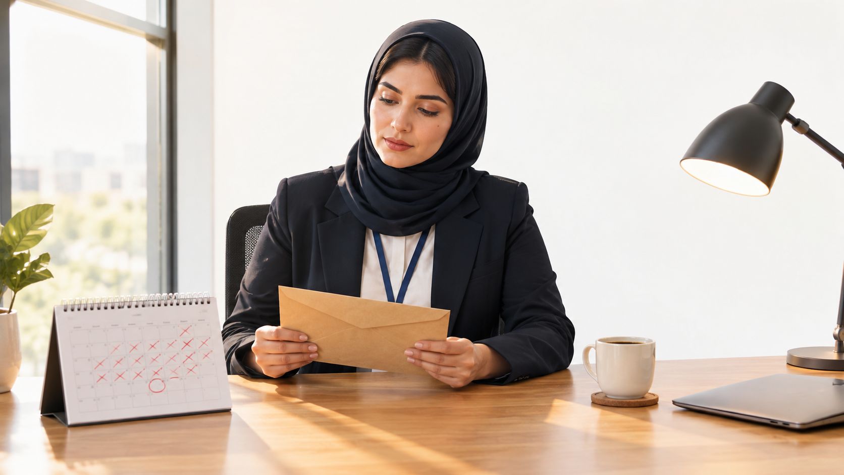A professional woman wearing a hijab reviews a document at her office desk with a calendar.