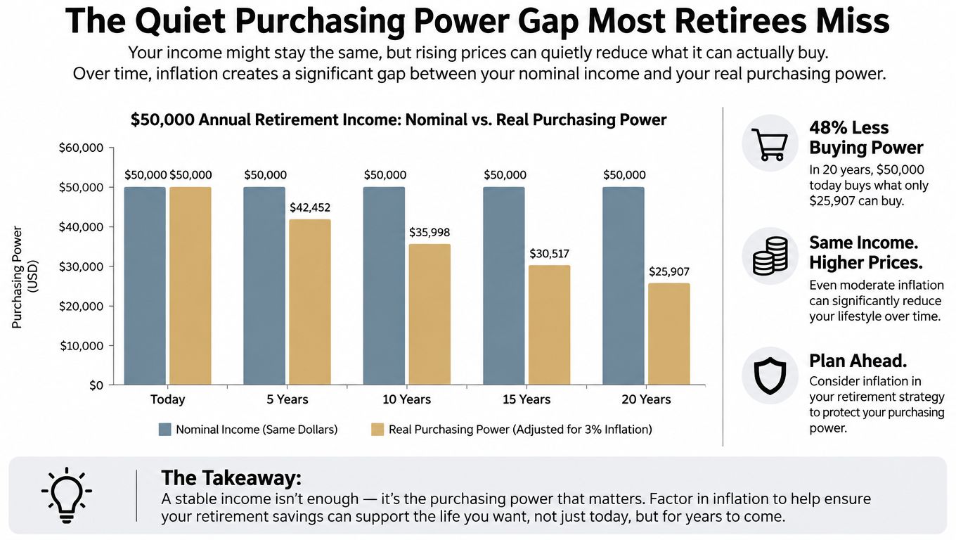 A chart showing how inflation reduces the real purchasing power of a fifty-thousand dollar retirement income over twenty years.