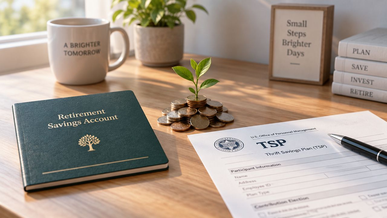 A wooden desk with a retirement savings notebook, a Thrift Savings Plan document, and a growing plant.