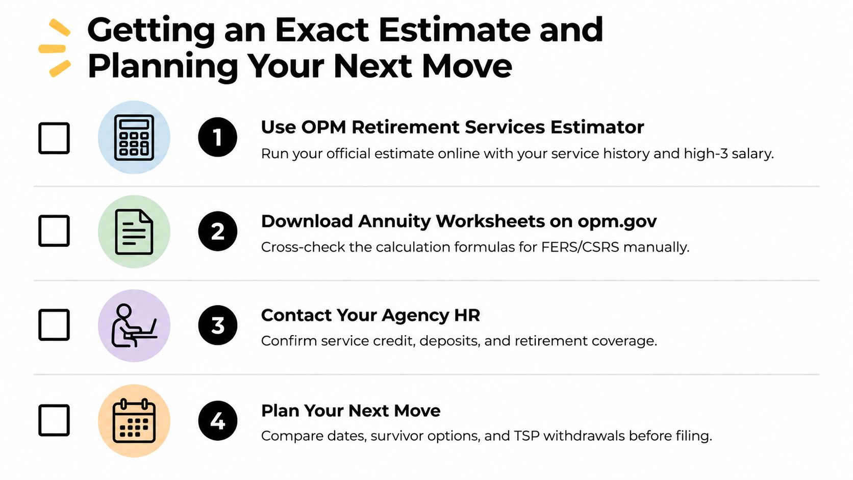 A four-step checklist for federal employees on obtaining a retirement pension estimate and planning their future move.