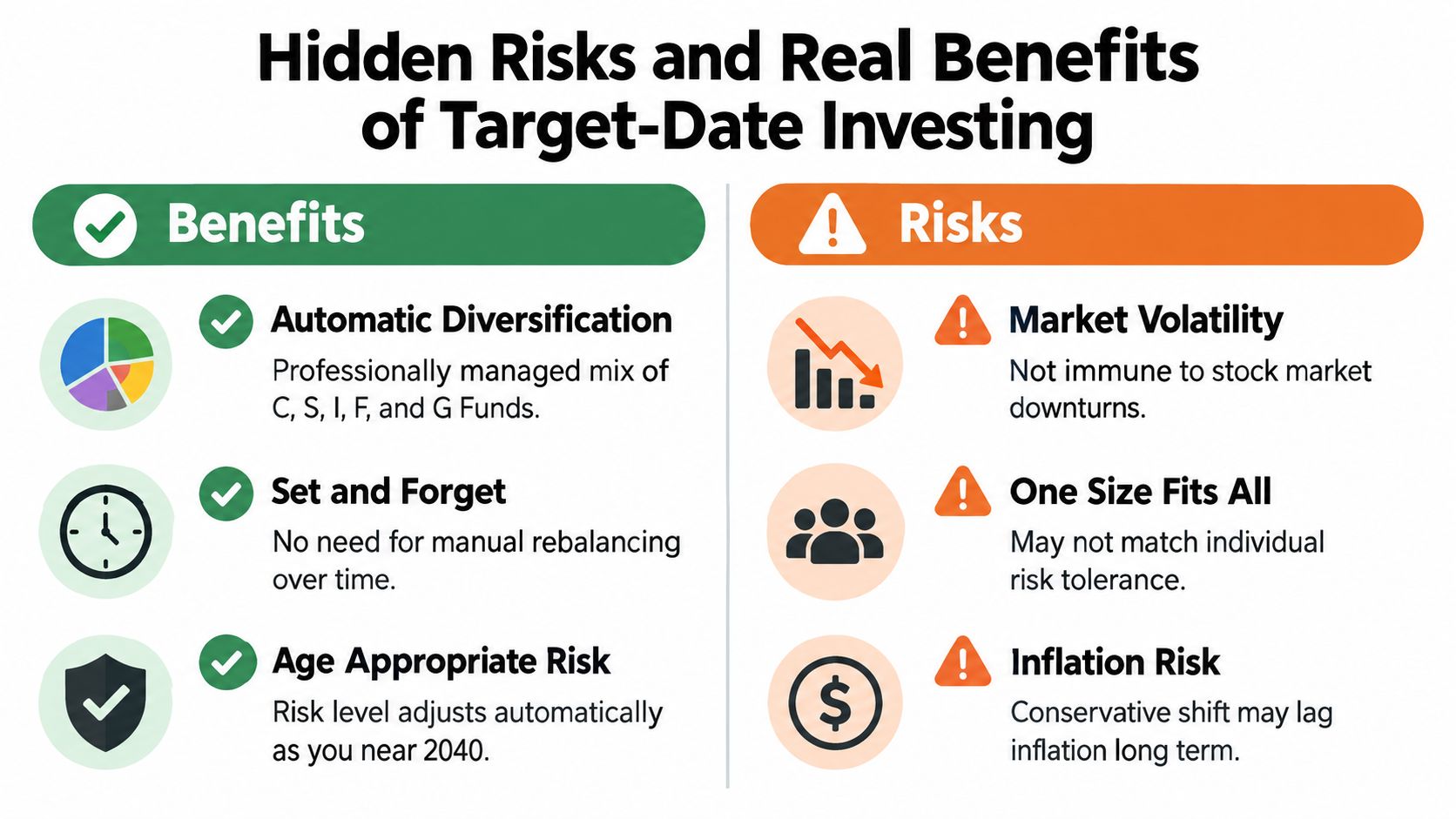 A chart comparing the benefits and risks of target-date investing for retirement financial planning.