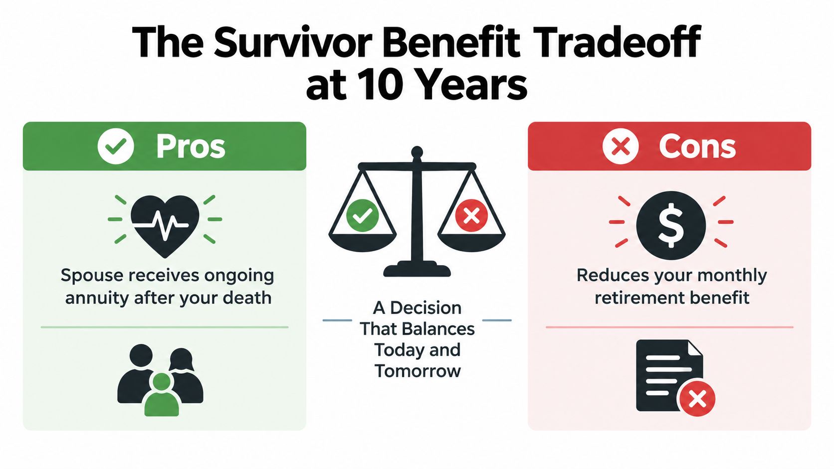 A visual comparison of the pros and cons of choosing a survivor benefit after 10 years in service.