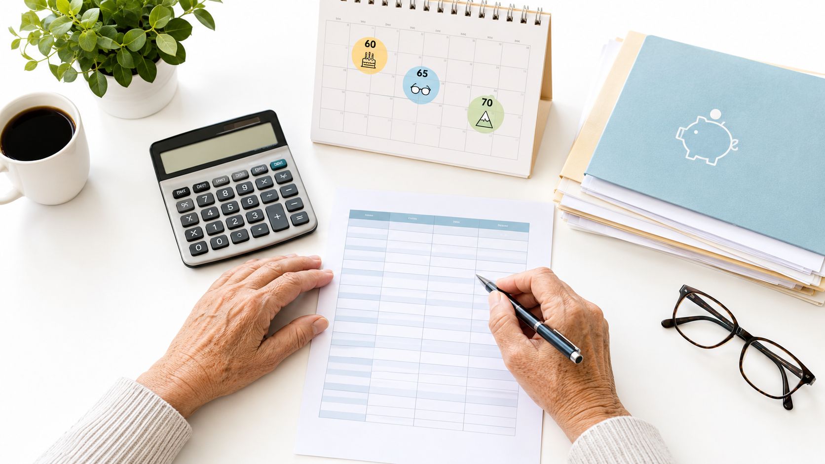 An older person writing on a budget planner sheet with a calculator and retirement calendar nearby.