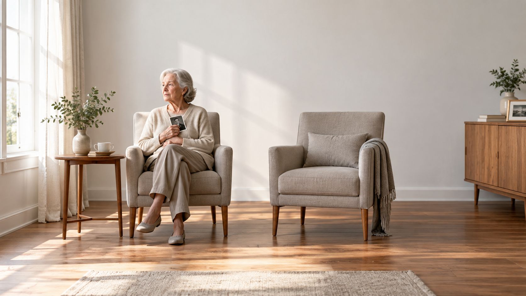 An elderly woman sitting alone in a chair holding a framed photograph and looking out the window.