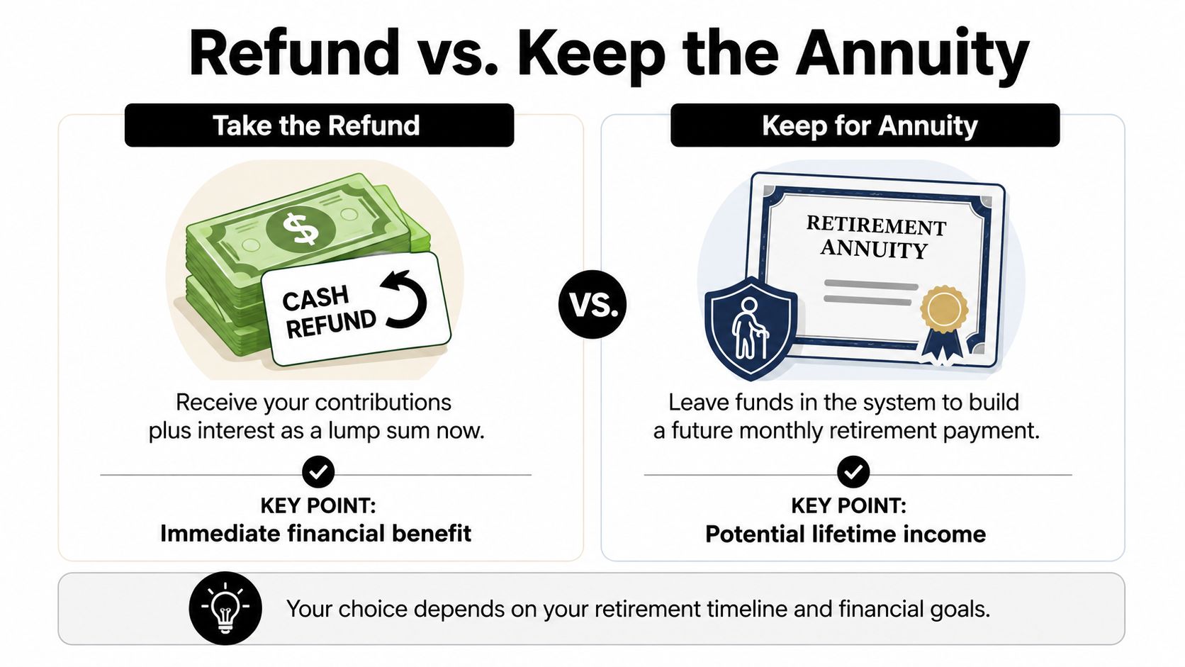 An infographic comparing the choice between taking a cash refund versus keeping a retirement annuity for income.