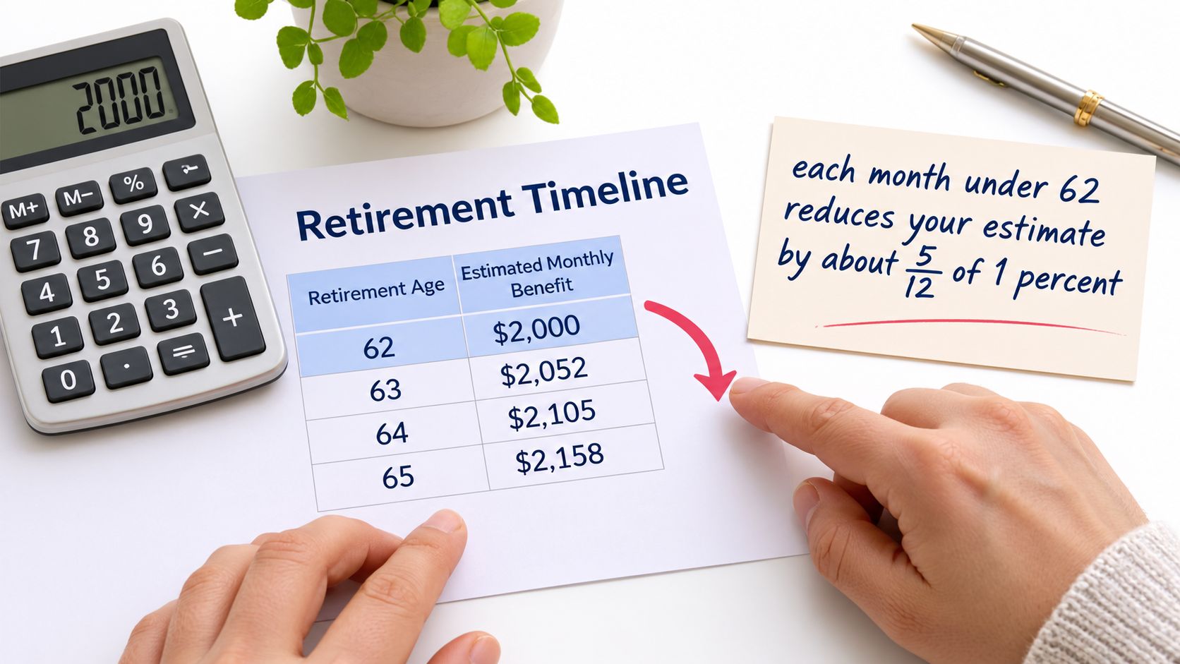 A hand pointing to a retirement timeline chart showing estimated monthly benefits next to a calculator.