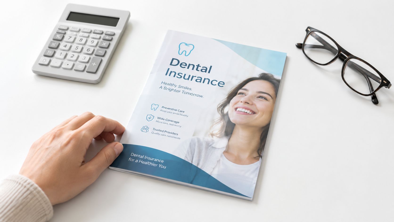A person looking at a dental insurance brochure on a white table with a calculator and glasses.