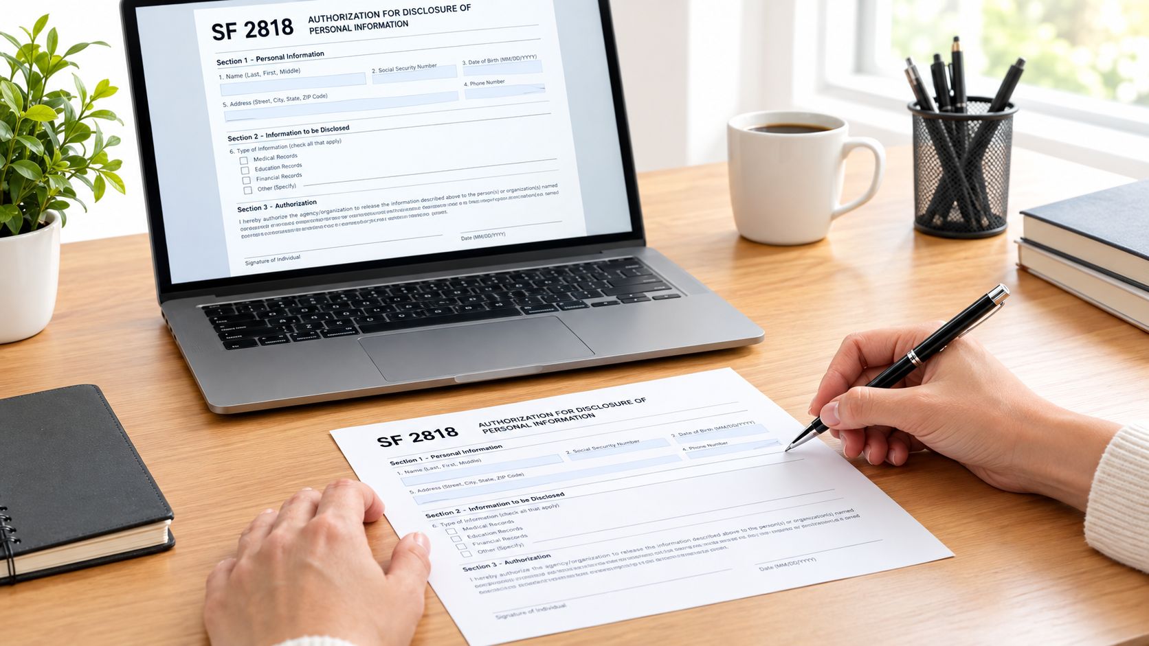 A person filling out an SF 2818 authorization form on paper while viewing the digital version on a laptop.