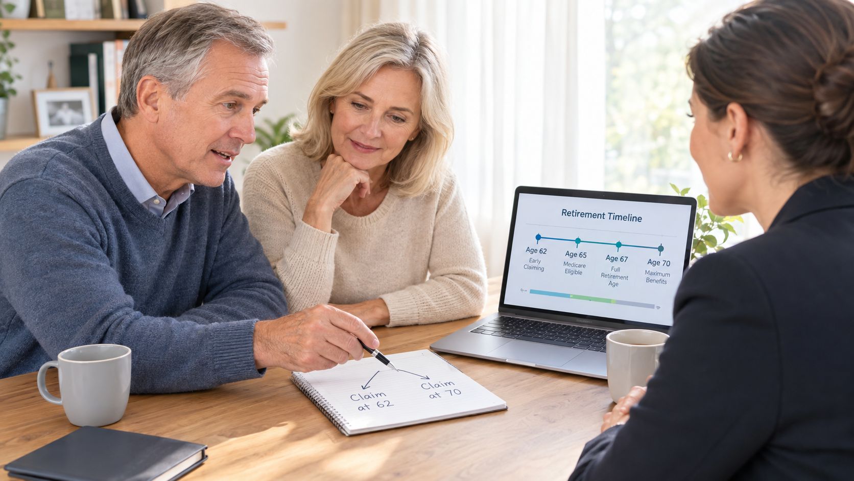 A professional financial advisor discussing retirement planning and social security benefits with an older couple.