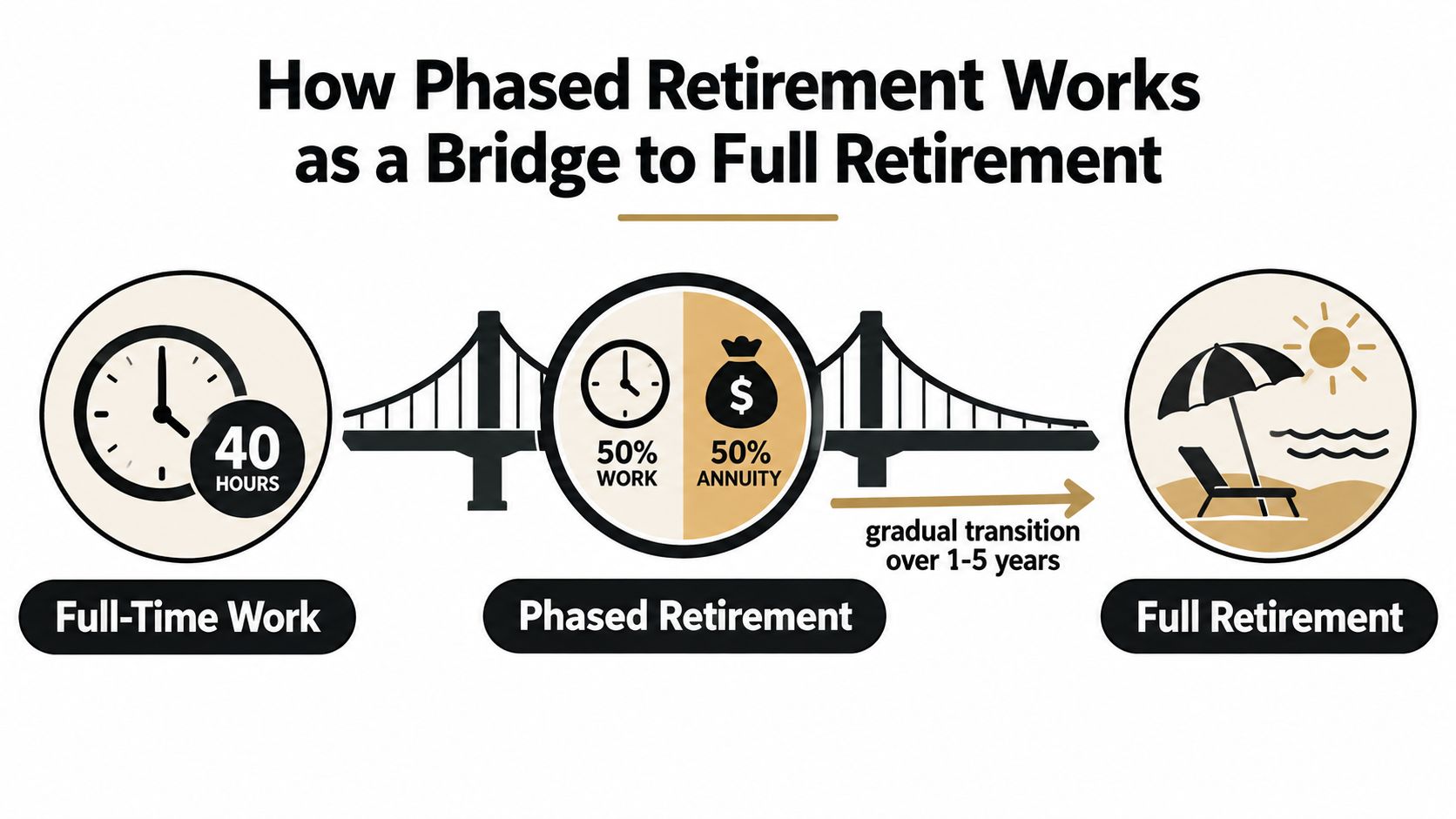 A diagram illustrating phased retirement as a bridge between full-time work and full retirement for federal employees.