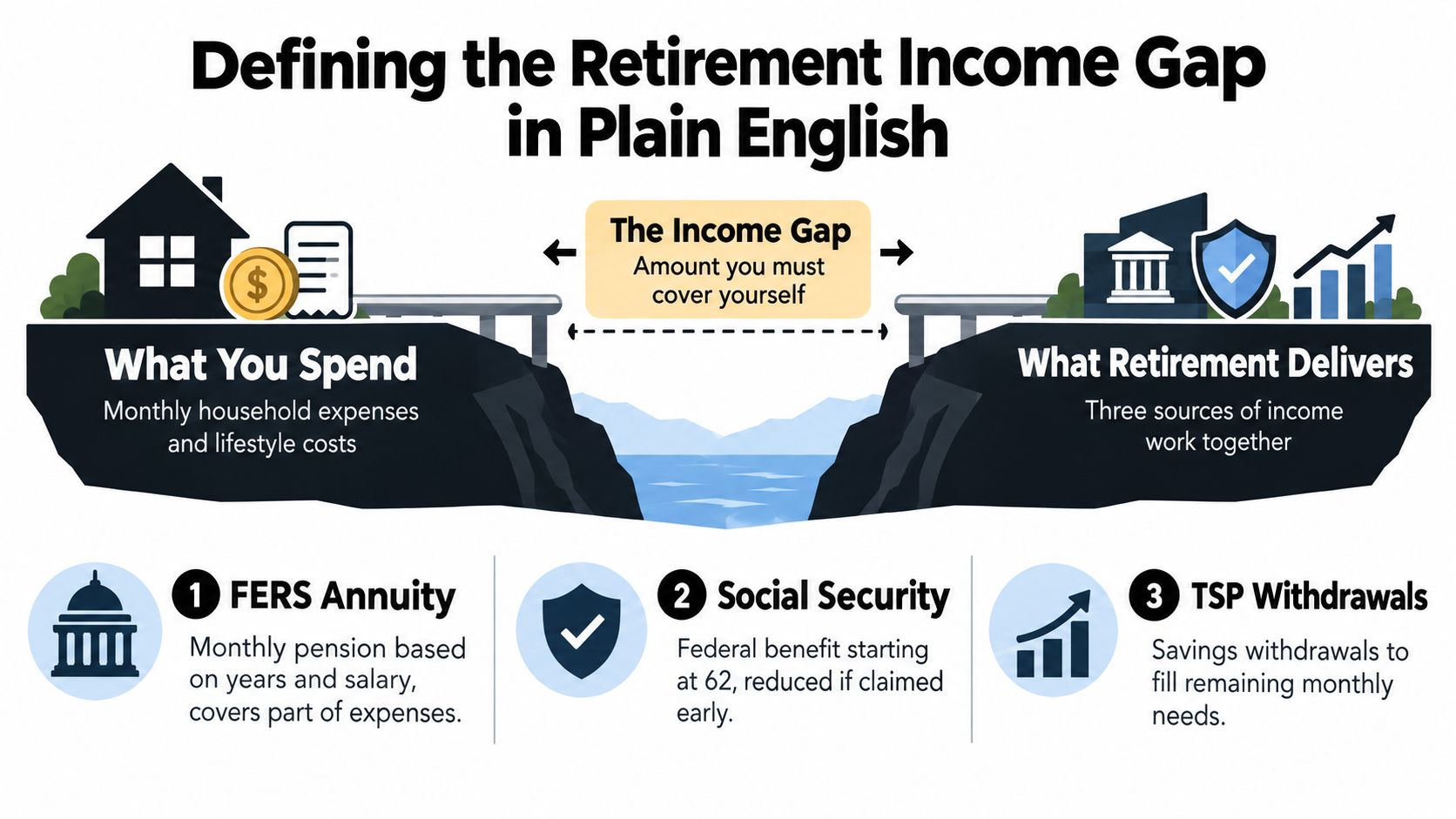 A diagram explaining the retirement income gap between household expenses and federal retirement income sources.