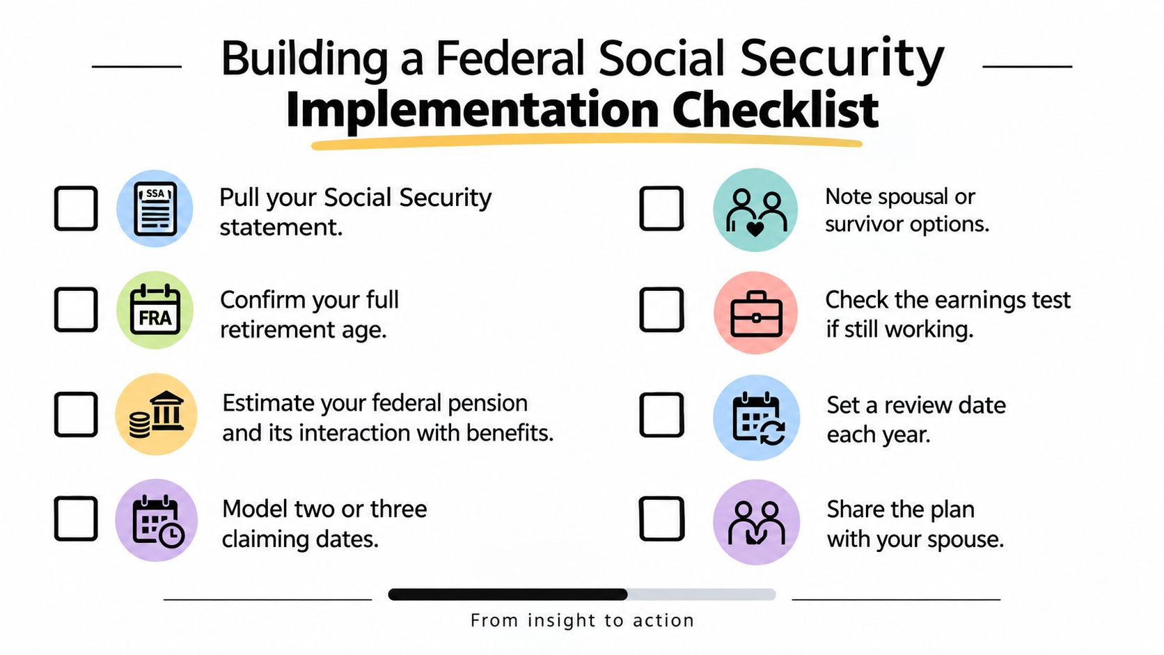 A checklist for planning federal Social Security benefits, featuring eight key steps for retirement strategy.