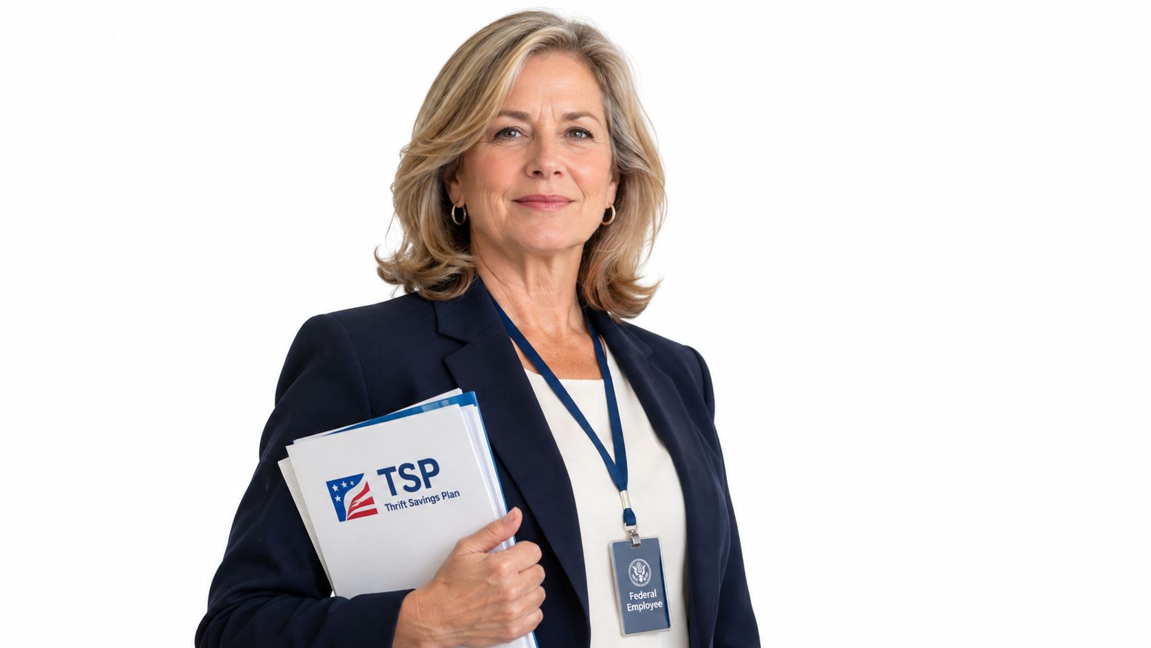 A professional woman in a navy blue blazer holding a document with the Thrift Savings Plan logo.